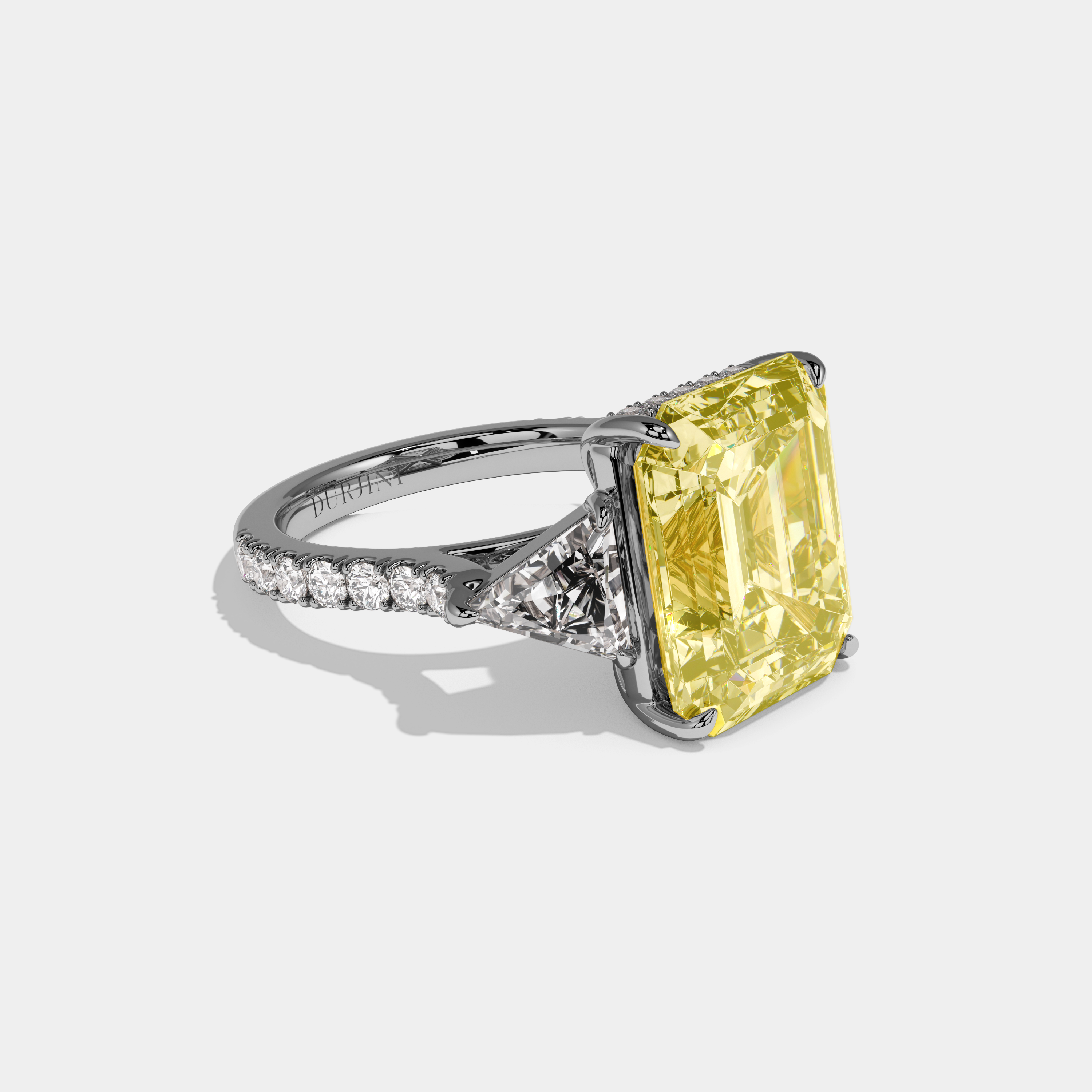Celestine Fancy Yellow Emerald Cut Diamond Halo With Triangle Sides Engagement Ring 10ct 18k White Gold