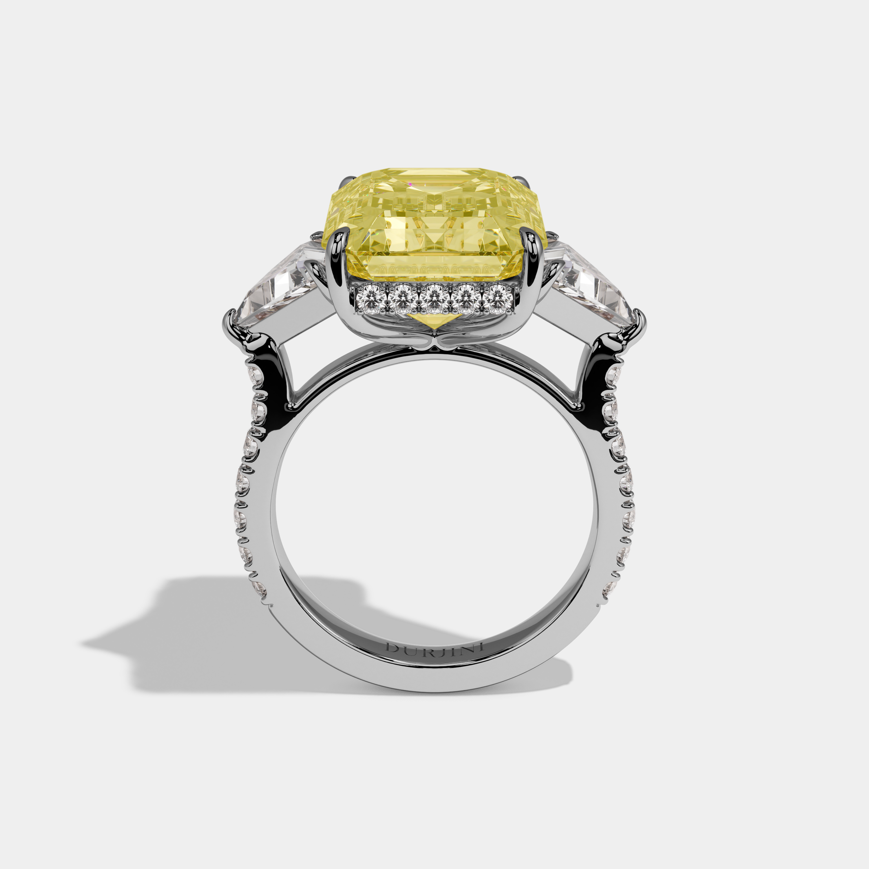 Celestine Fancy Yellow Emerald Cut Diamond Halo With Triangle Sides Engagement Ring 10ct 18k White Gold