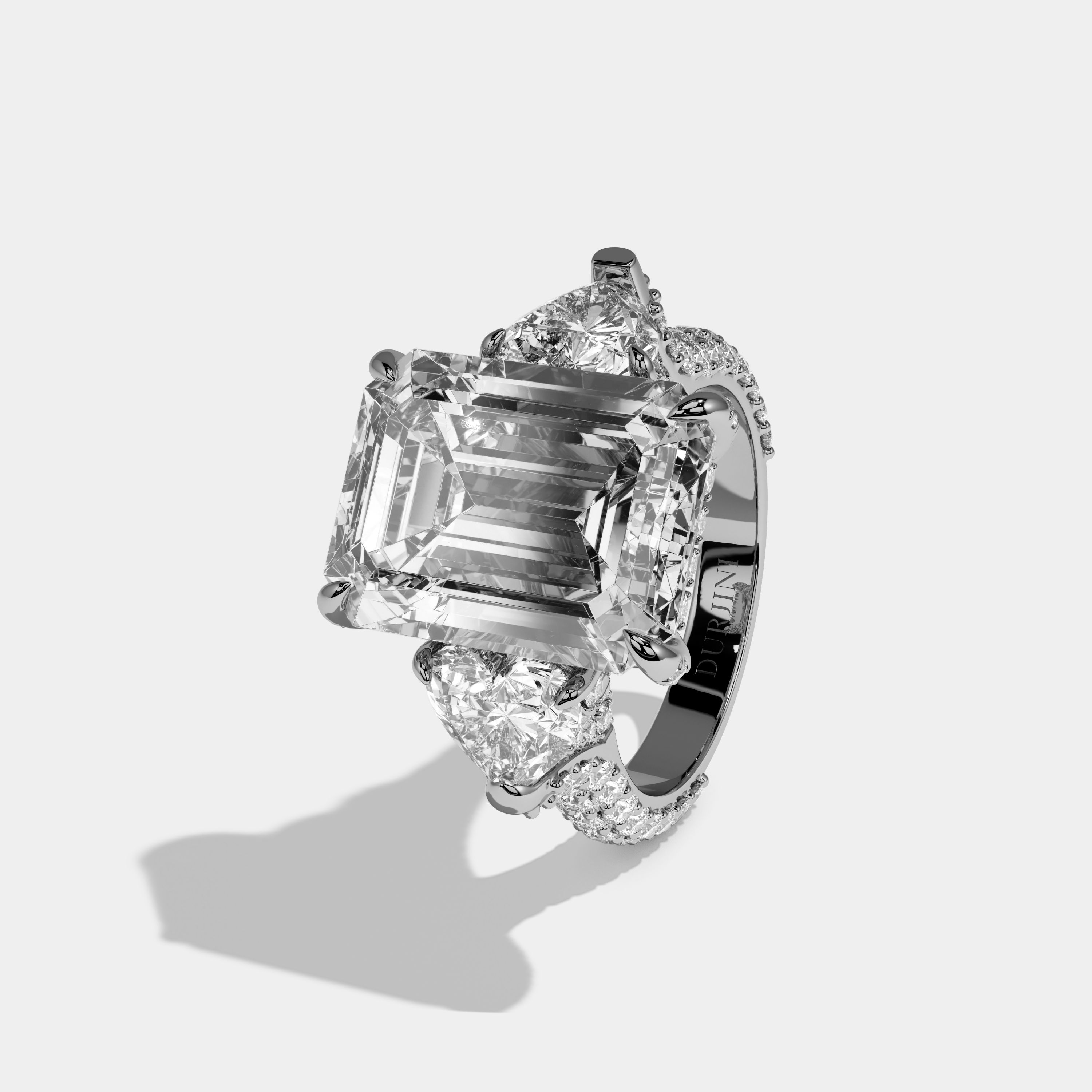 Julienne Emerald Cut Diamond Halo With Brilliant Cut Heart Sides Engagement Ring 10ct 18k White Gold