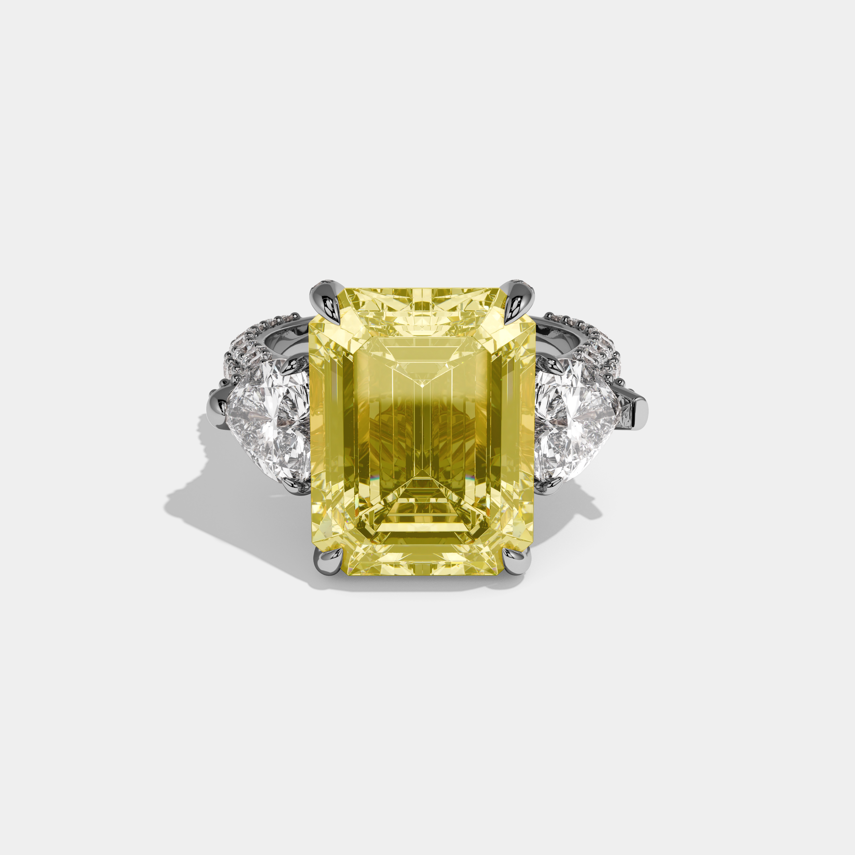 Julienne Fancy Yellow Emerald Cut Diamond Halo With Brilliant Cut Heart Sides Engagement Ring 10ct 18k White Gold