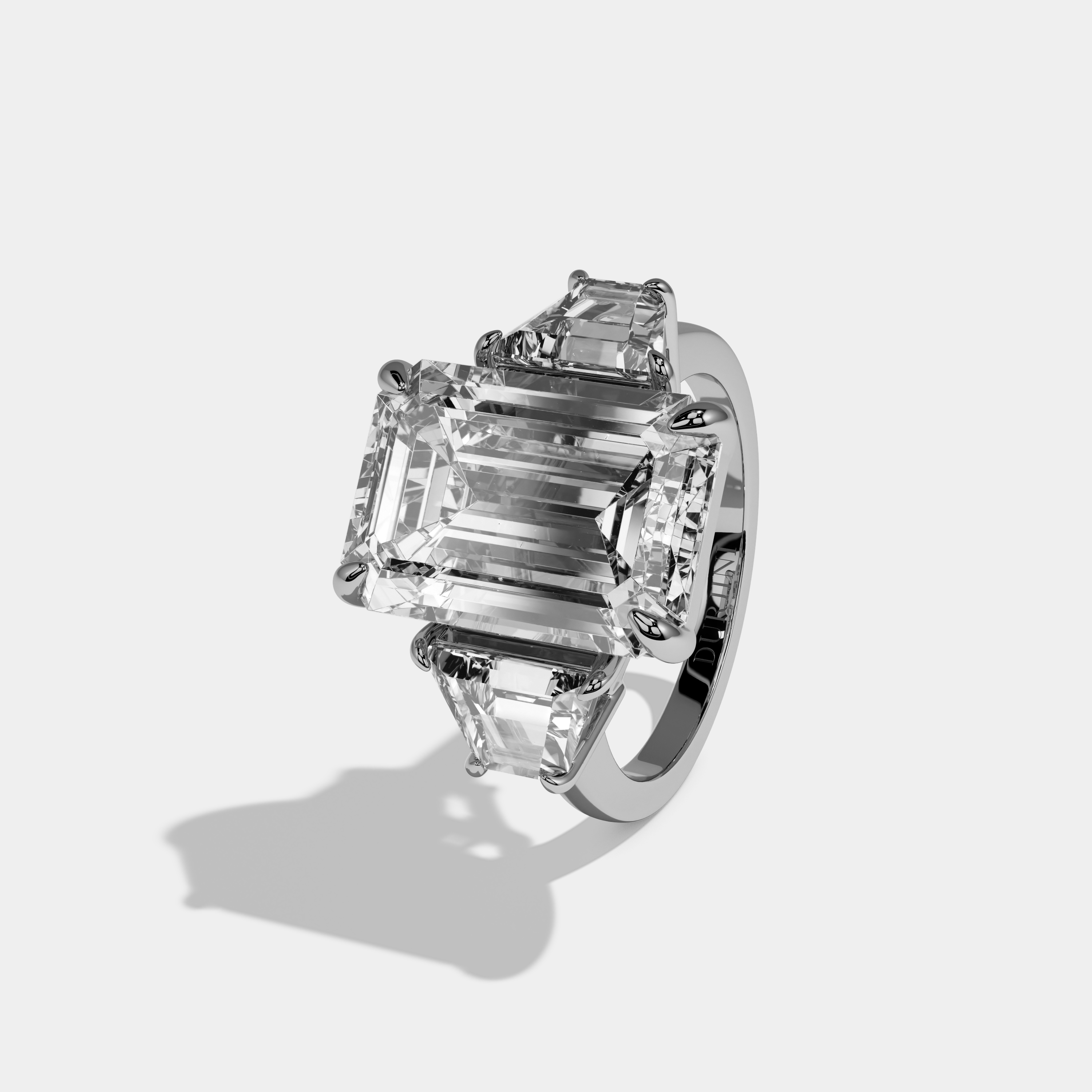 Layla Emerald Cut Diamond Plain Band With Quad Cut Sides Engagement Ring 10ct 18k White Gold