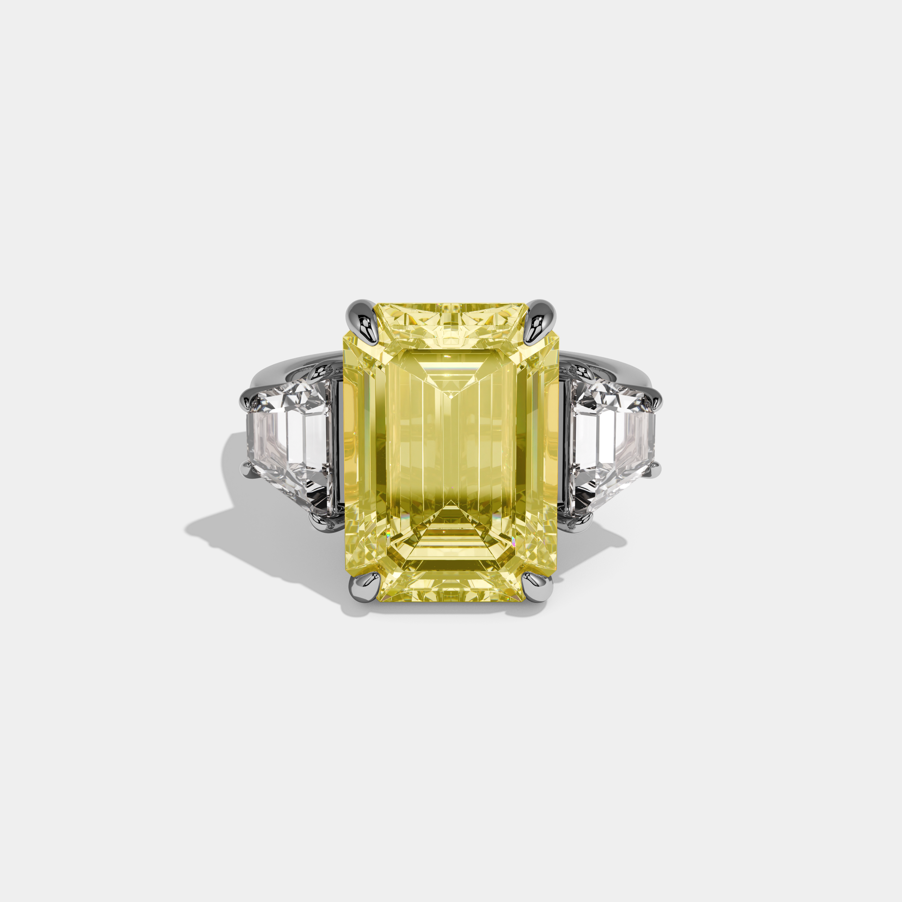 Layla Fancy Yellow Emerald Cut Diamond Plain Band With Quad Cut Sides Engagement Ring 8ct 18k White Gold