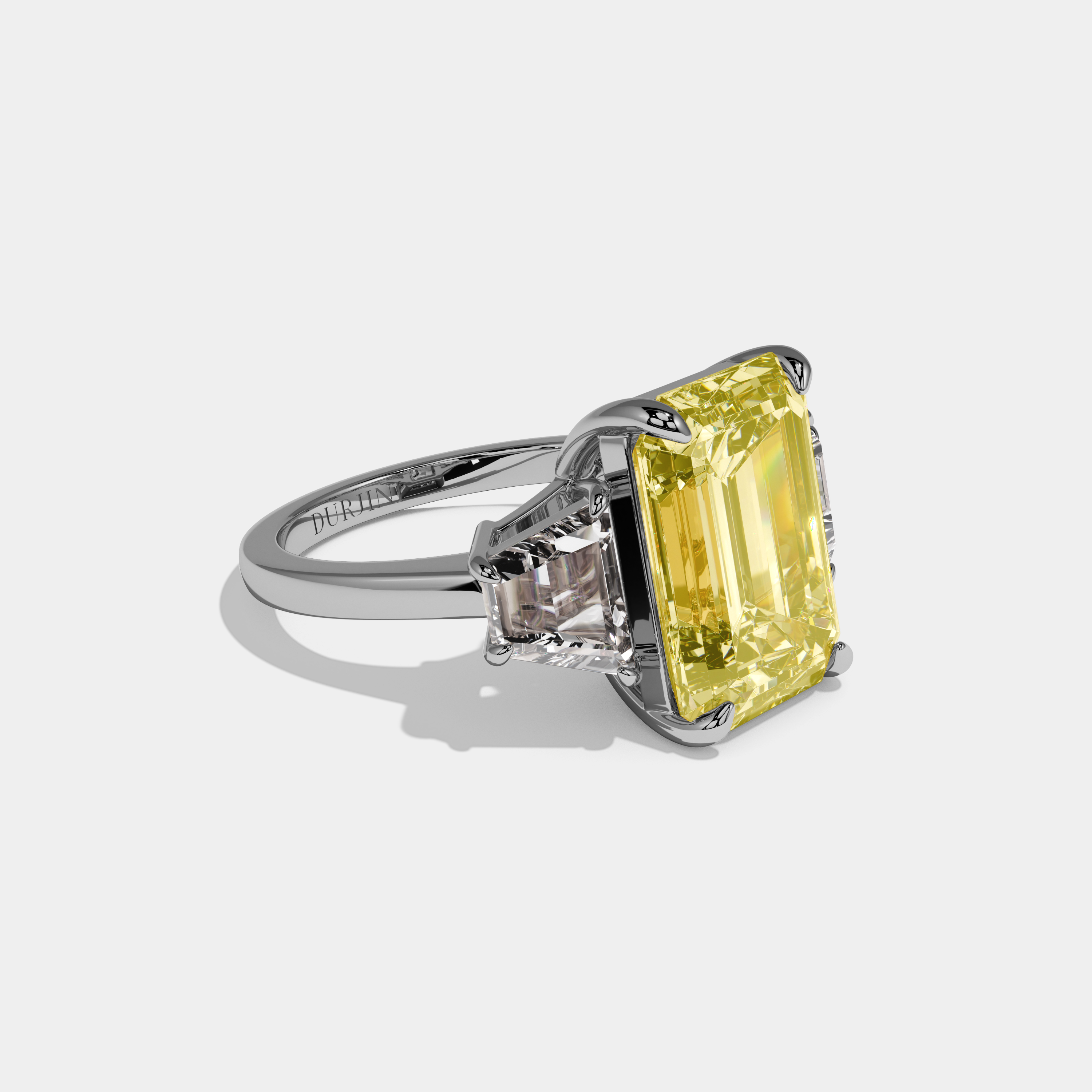 Layla Fancy Yellow Emerald Cut Diamond Plain Band With Quad Cut Sides Engagement Ring 8ct 18k White Gold