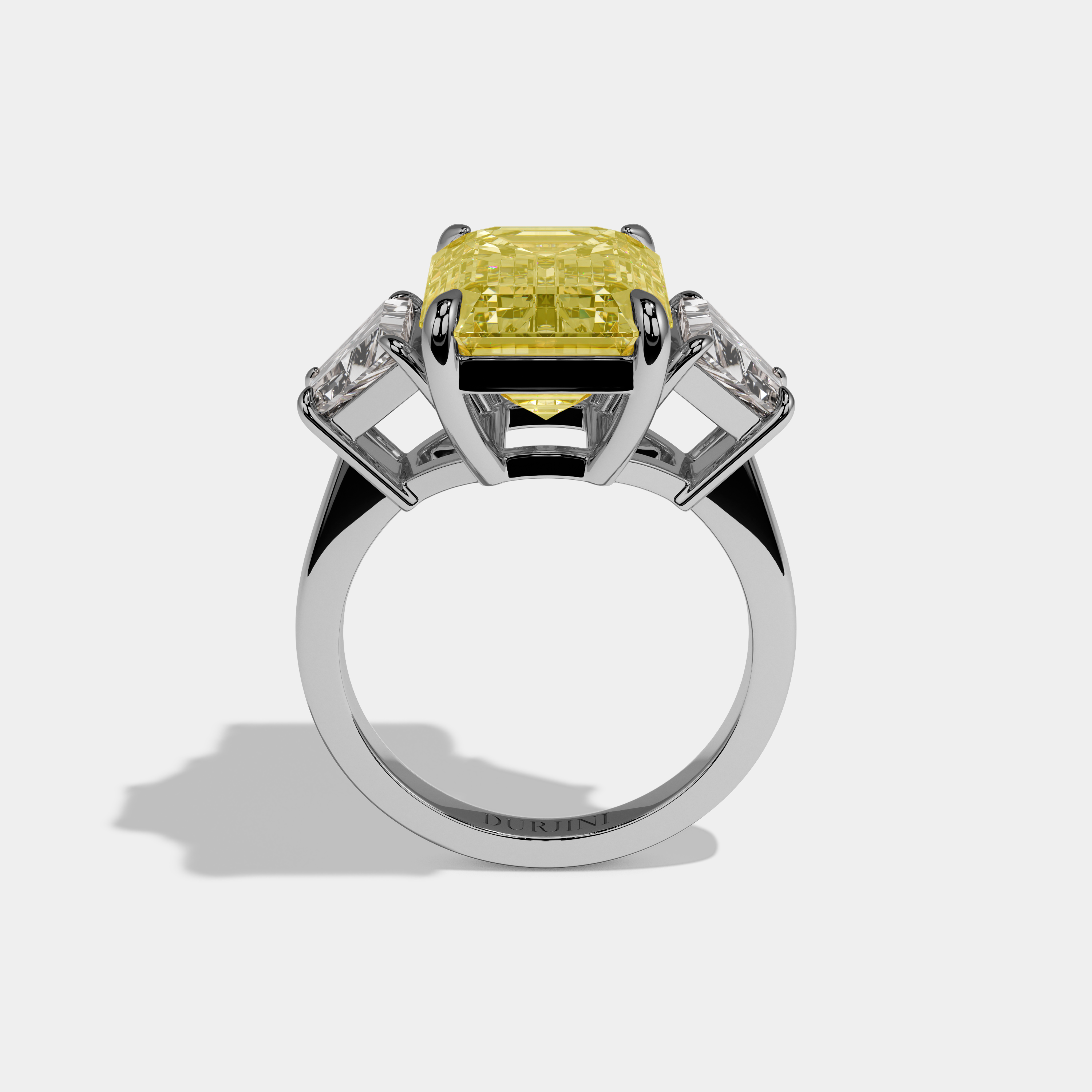 Layla Fancy Yellow Emerald Cut Diamond Plain Band With Quad Cut Sides Engagement Ring 8ct 18k White Gold