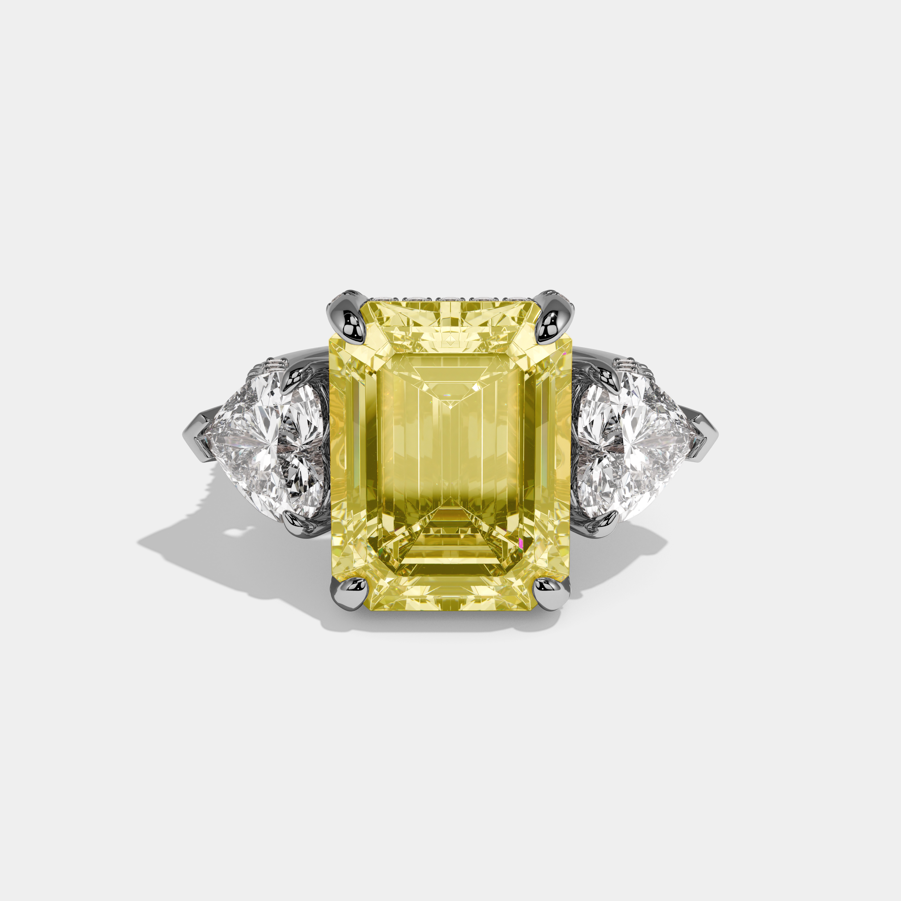 Madison Fancy Yellow Emerald Cut Diamond Halo With Brilliant Cut Heart Side Diamond Band Engagement Ring 10ct 18k White Gold