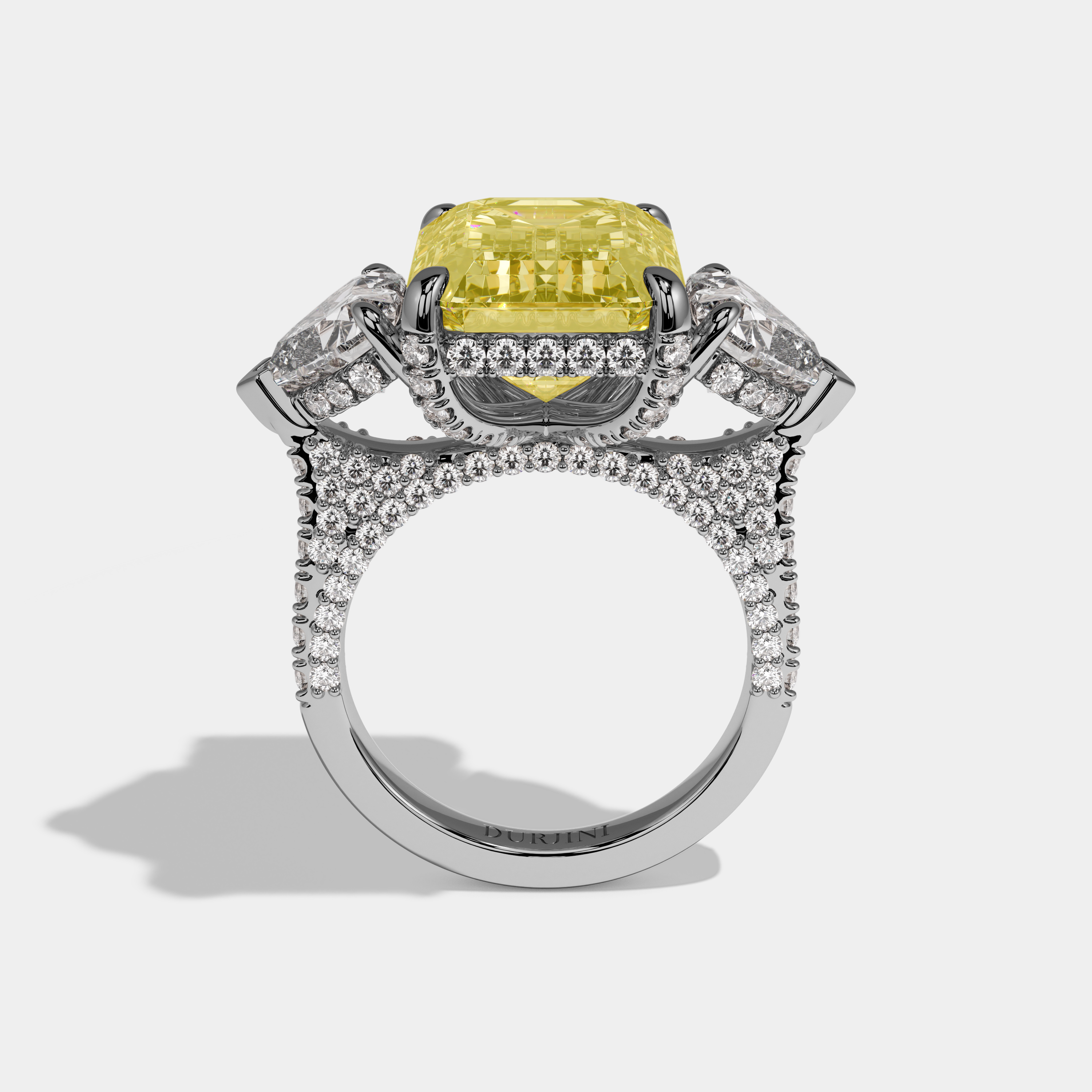 Madison Fancy Yellow Emerald Cut Diamond Halo With Brilliant Cut Heart Side Diamond Band Engagement Ring 10ct 18k White Gold