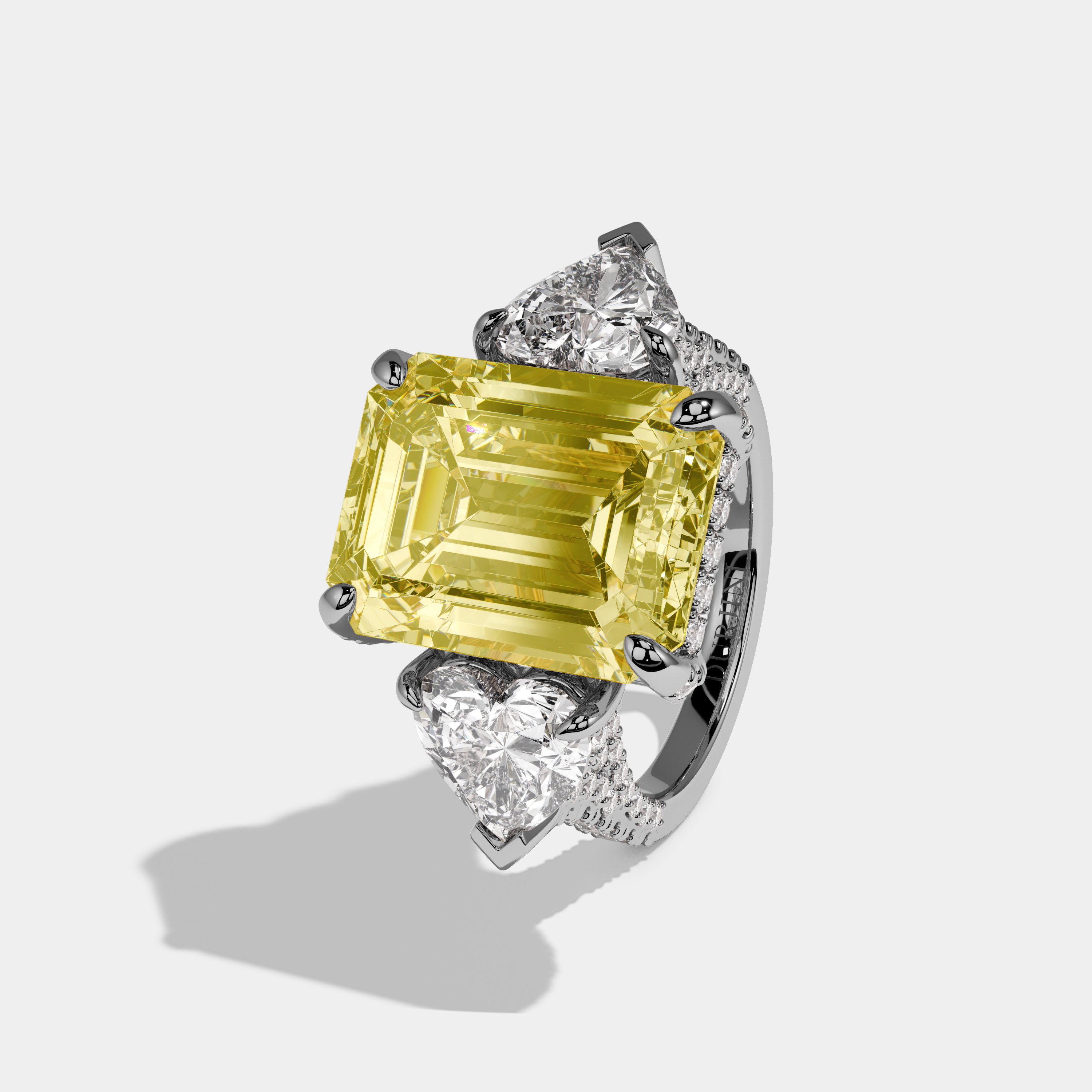 Madison Fancy Yellow Emerald Cut Diamond Halo With Brilliant Cut Heart Side Diamond Band Engagement Ring 10ct 18k White Gold
