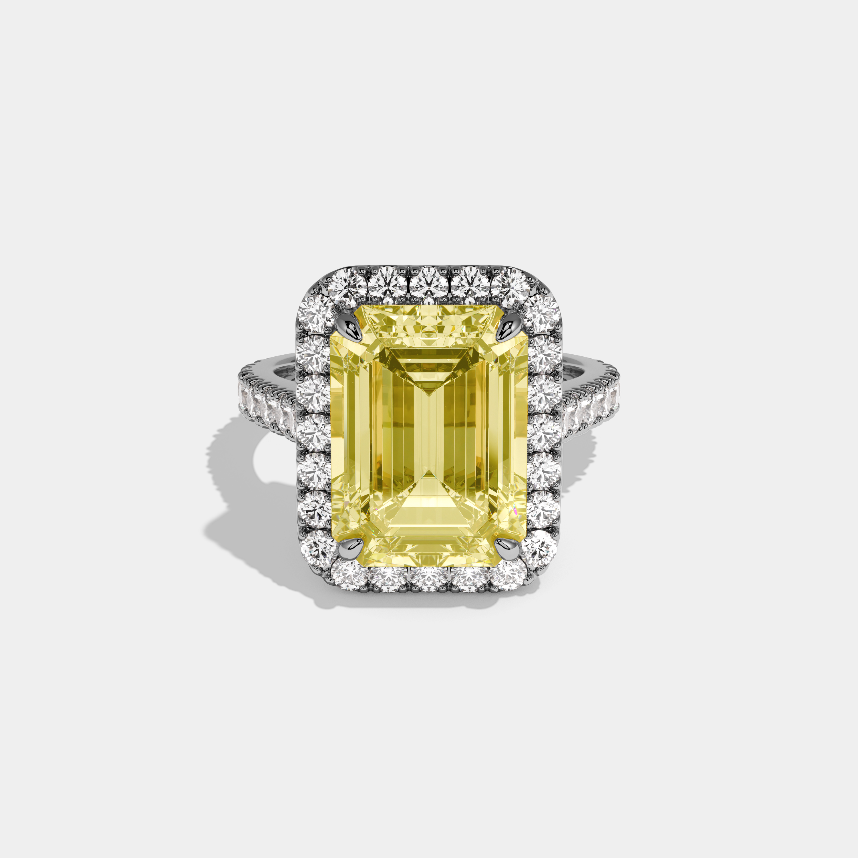 Maristelle Fancy Yellow Emerald Cut Diamond Halo Engagement Ring 10ct 18k White Gold
