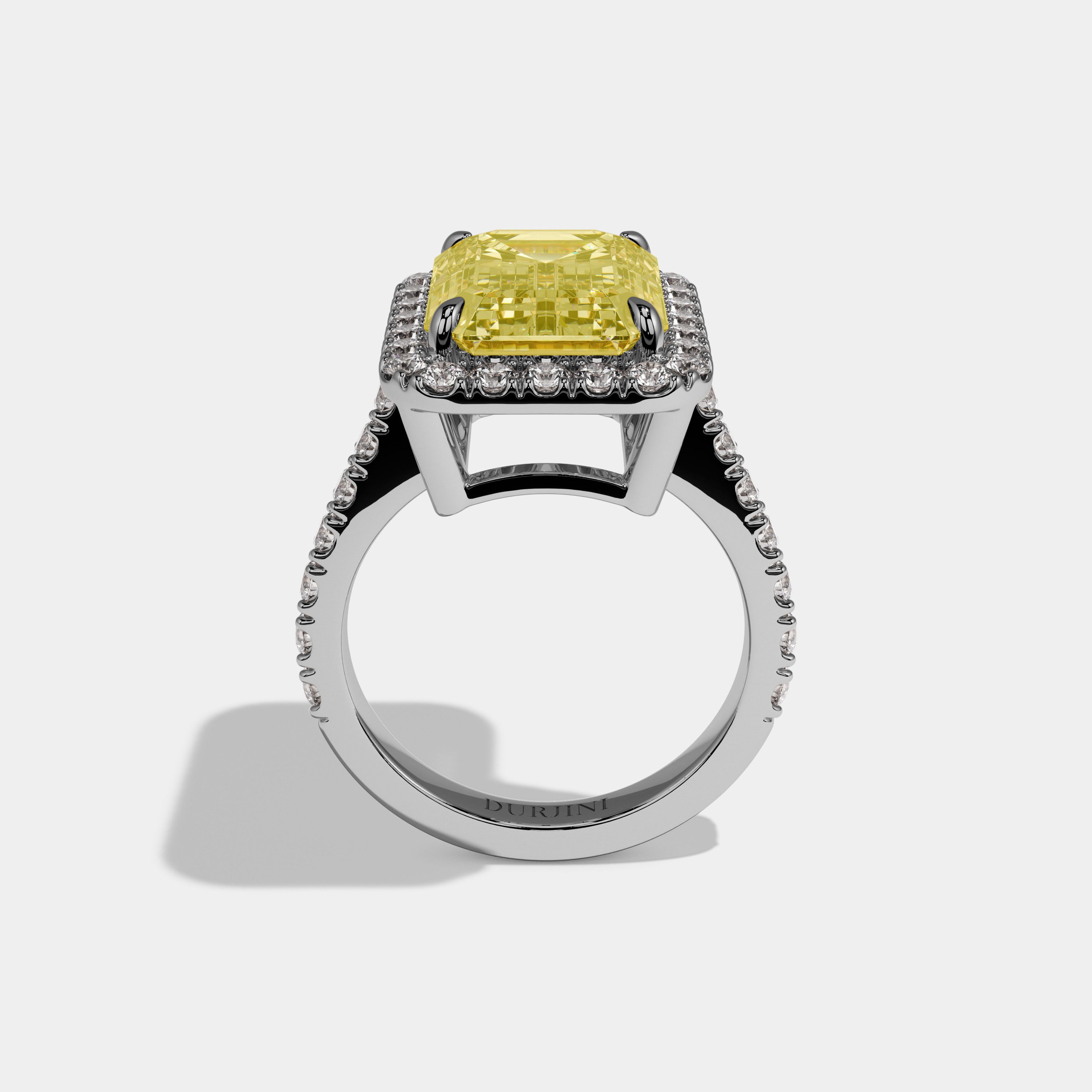 Maristelle Fancy Yellow Emerald Cut Diamond Halo Engagement Ring 10ct 18k White Gold