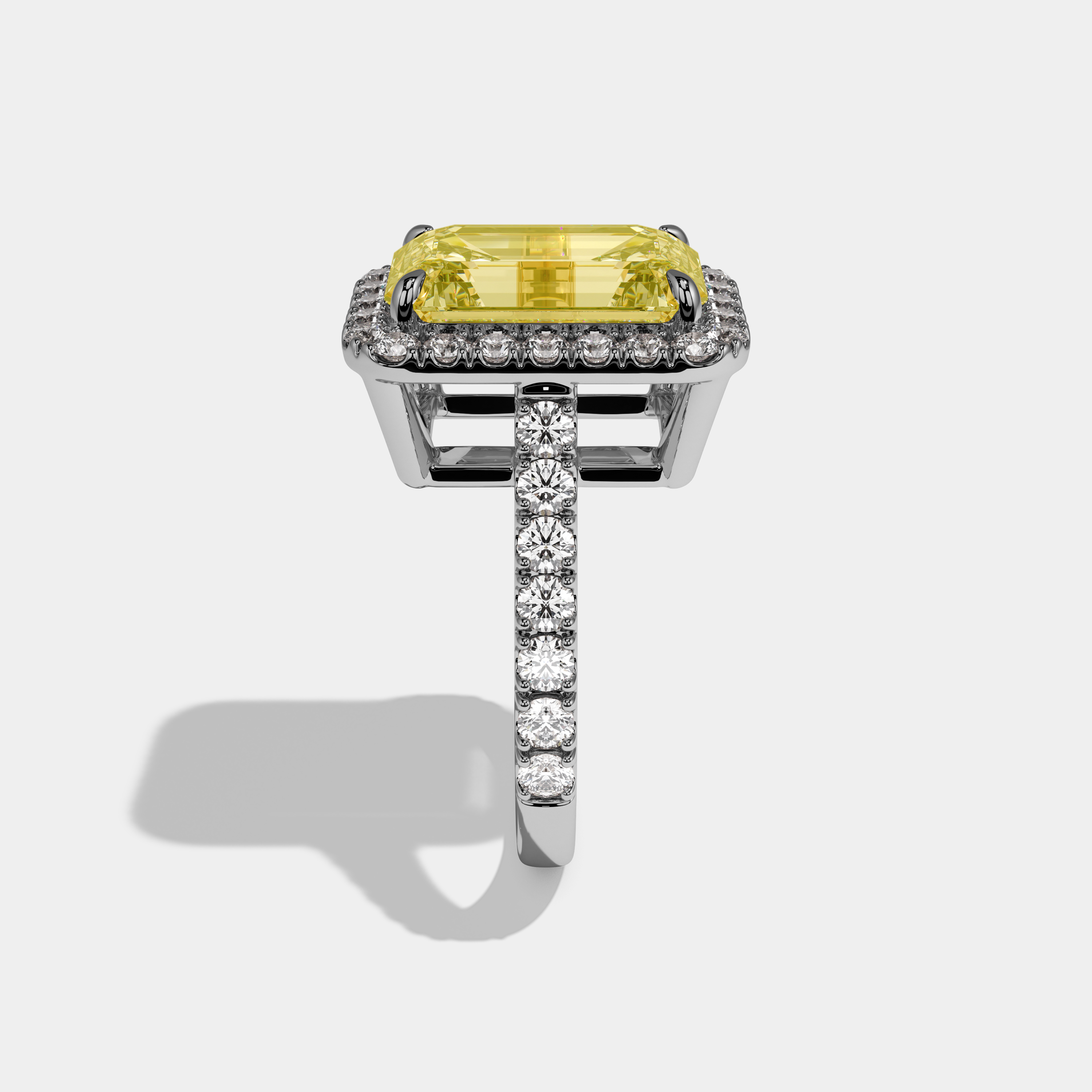Maristelle Fancy Yellow Emerald Cut Diamond Halo Engagement Ring 10ct 18k White Gold