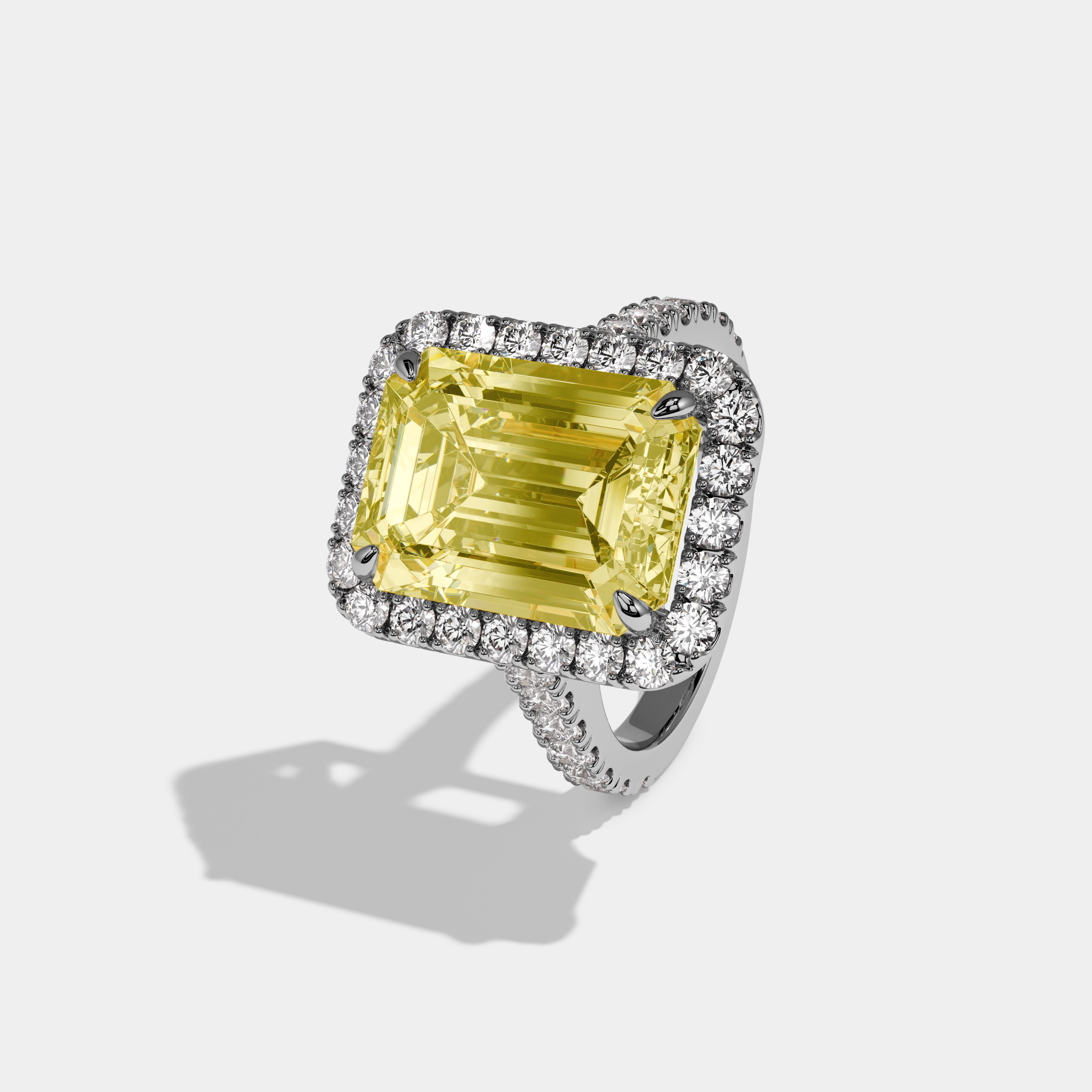 Maristelle Fancy Yellow Emerald Cut Diamond Halo Engagement Ring 10ct 18k White Gold