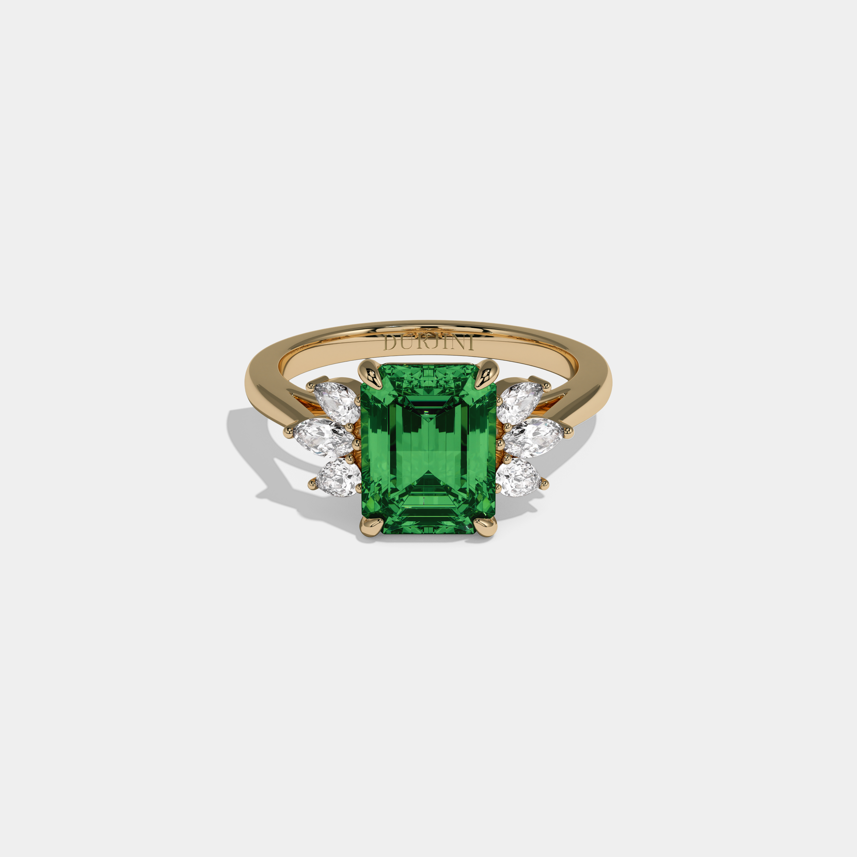 Margaret Fancy Dark Green Emerald Cut Diamond Plain Band With Marquise Cut Sides Engagement Ring 6ct 18K Yellow Gold