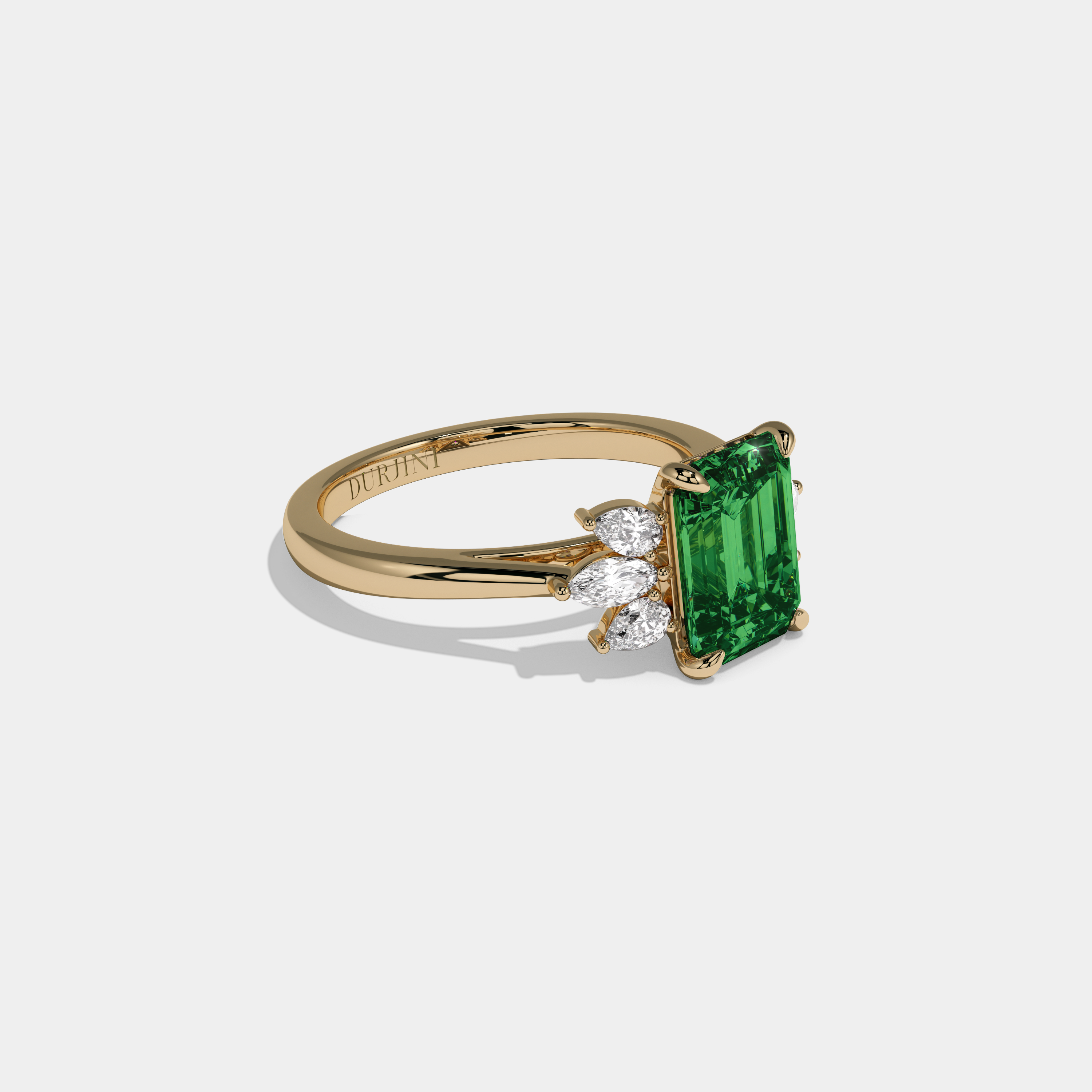 Margaret Fancy Dark Green Emerald Cut Diamond Plain Band With Marquise Cut Sides Engagement Ring 6ct 18K Yellow Gold