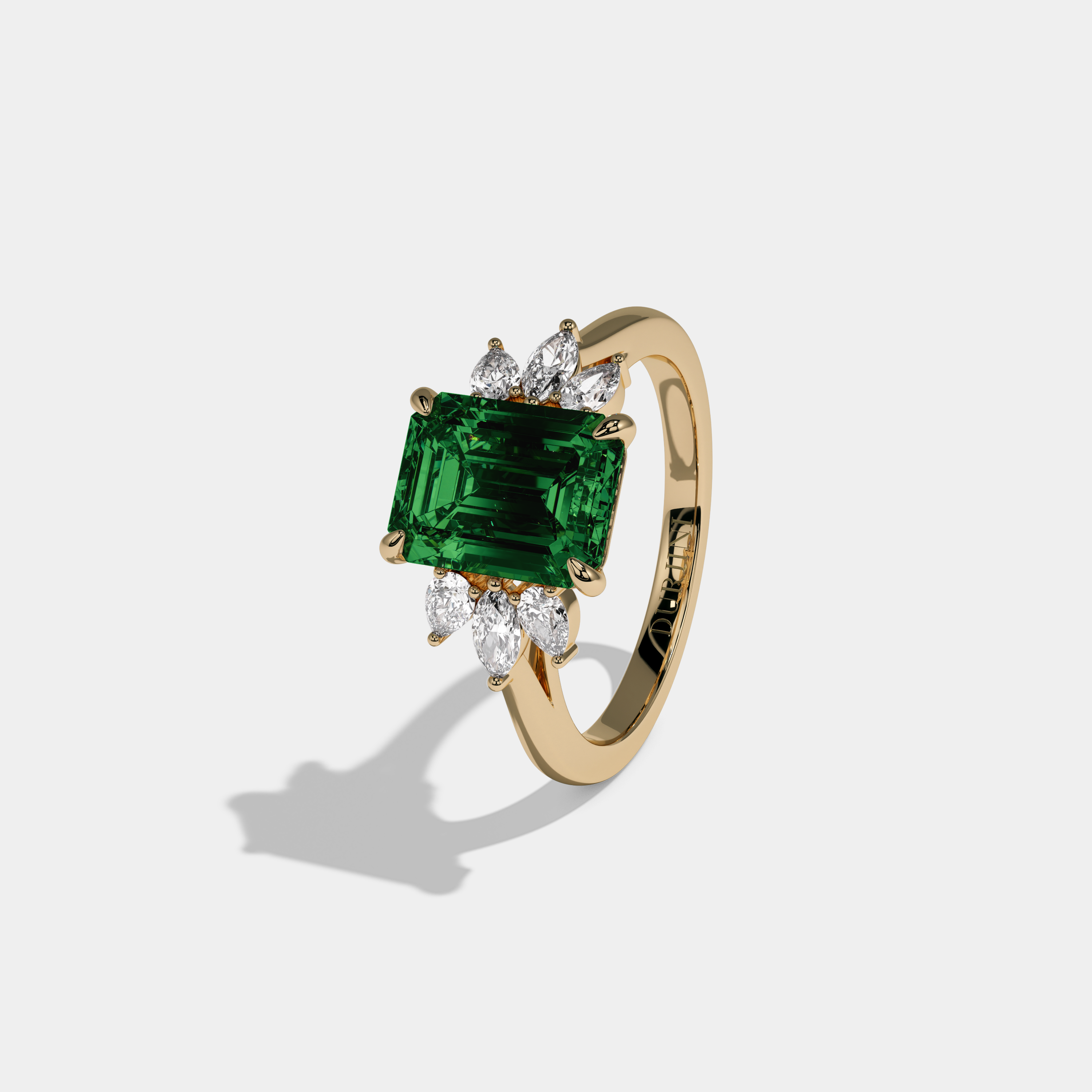 Margaret Fancy Dark Green Emerald Cut Diamond Plain Band With Marquise Cut Sides Engagement Ring 6ct 18K Yellow Gold