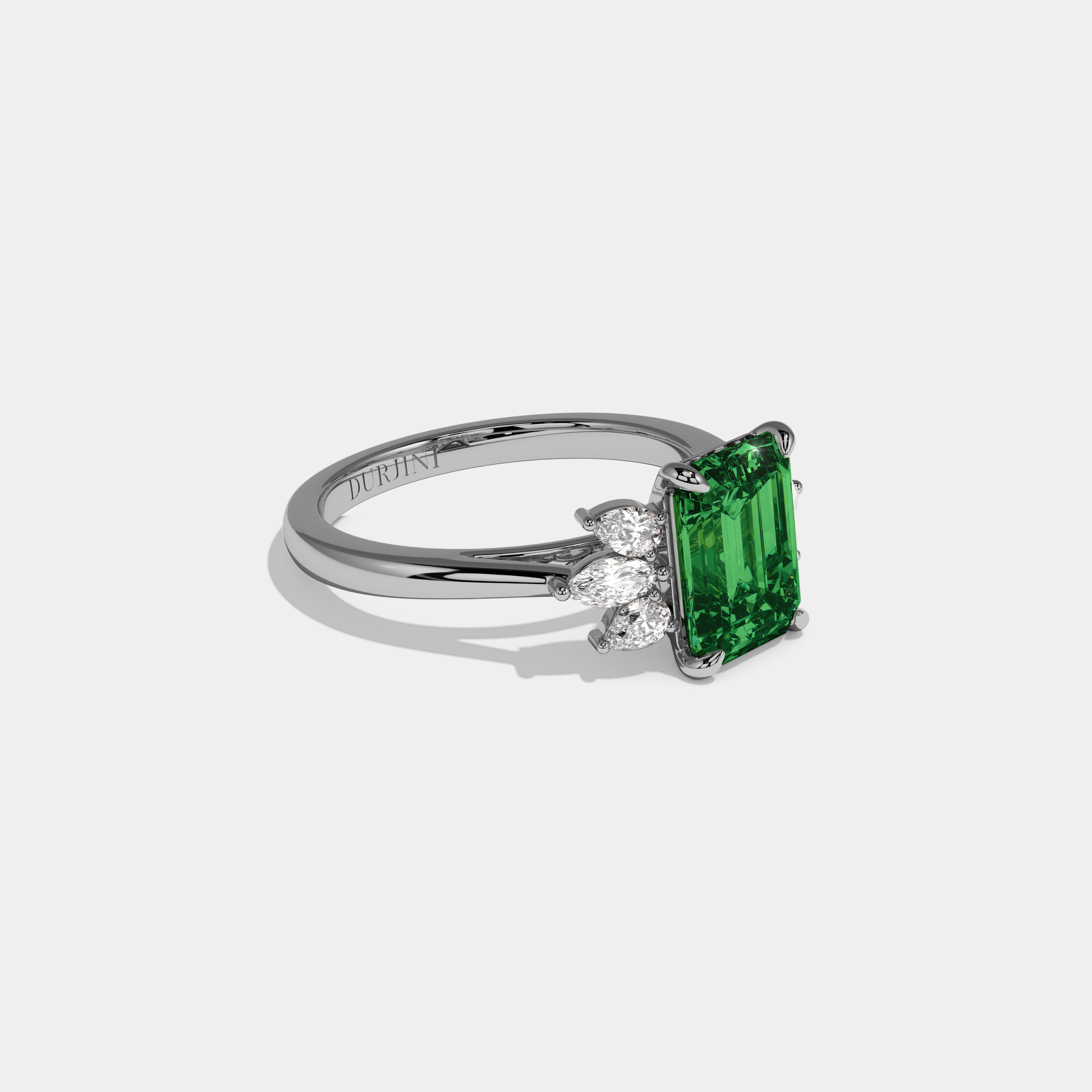 Charlotte Fancy Dark Green Emerald Cut Diamond Plain Band With Marquise Cut Sides Engagement Ring 6ct 18K White Gold