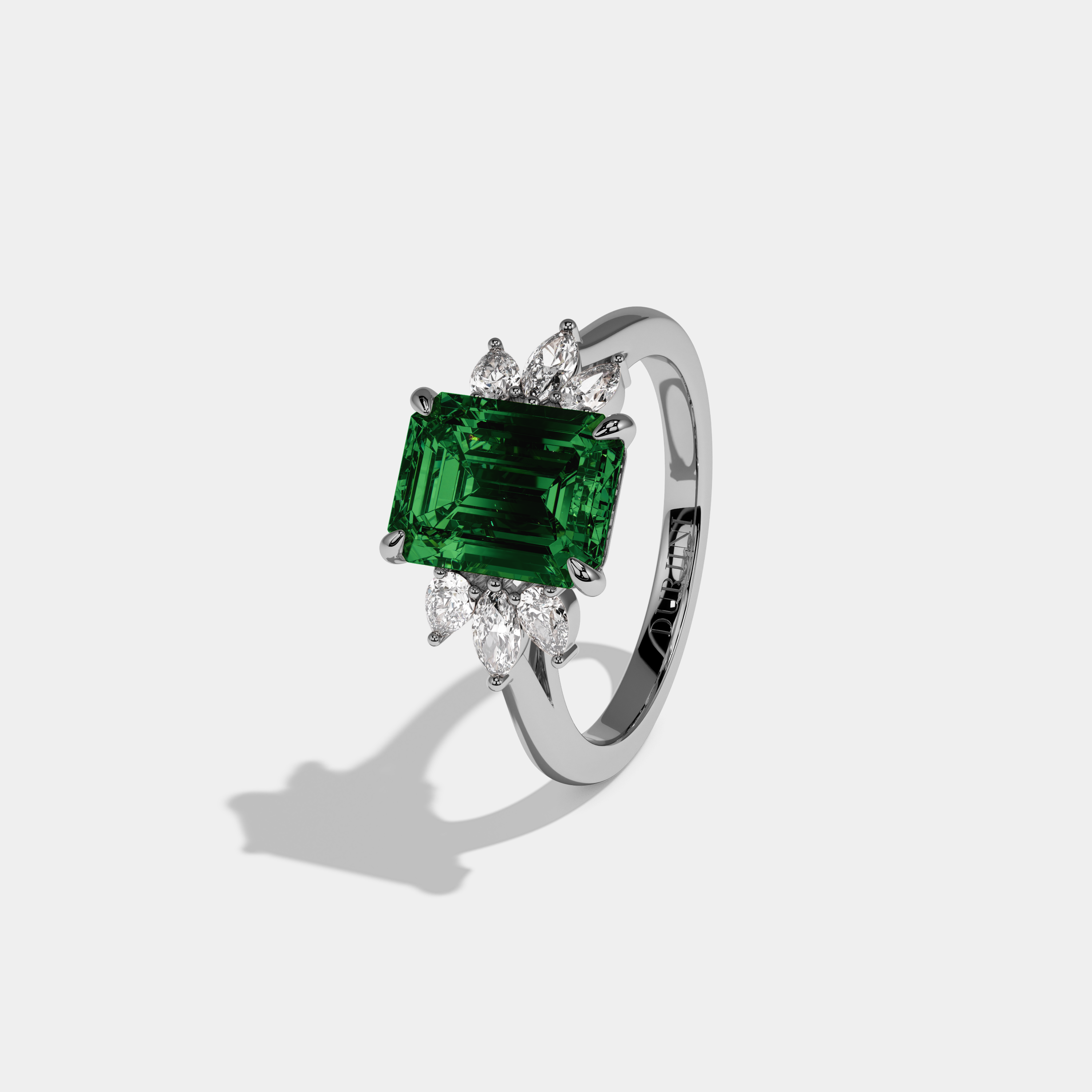 Charlotte Fancy Dark Green Emerald Cut Diamond Plain Band With Marquise Cut Sides Engagement Ring 6ct 18K White Gold