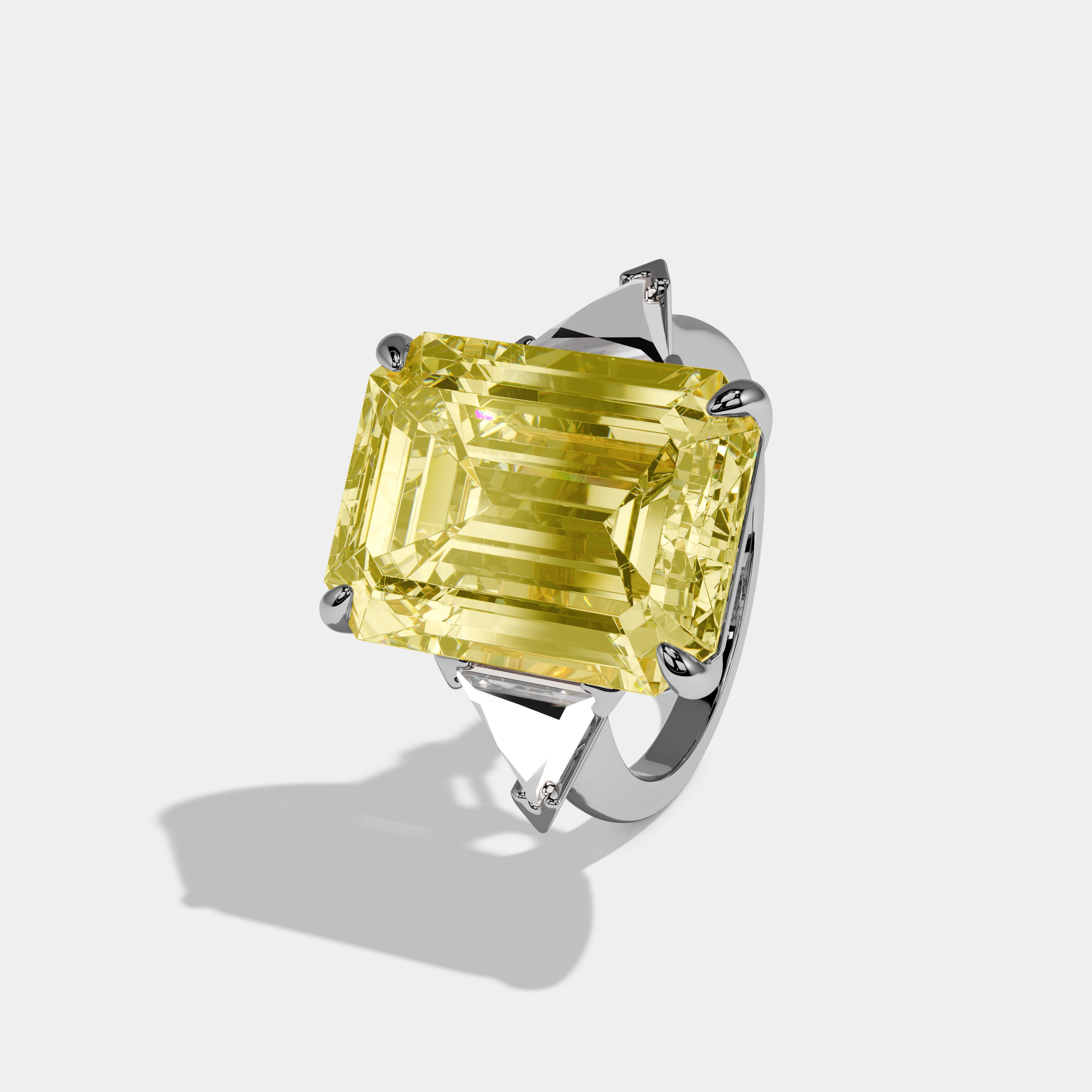 Rosie Fancy Yellow Emerald Cut Diamond Plain Band With Triangle Cut Sides Engagement Ring 8ct 18k White Gold