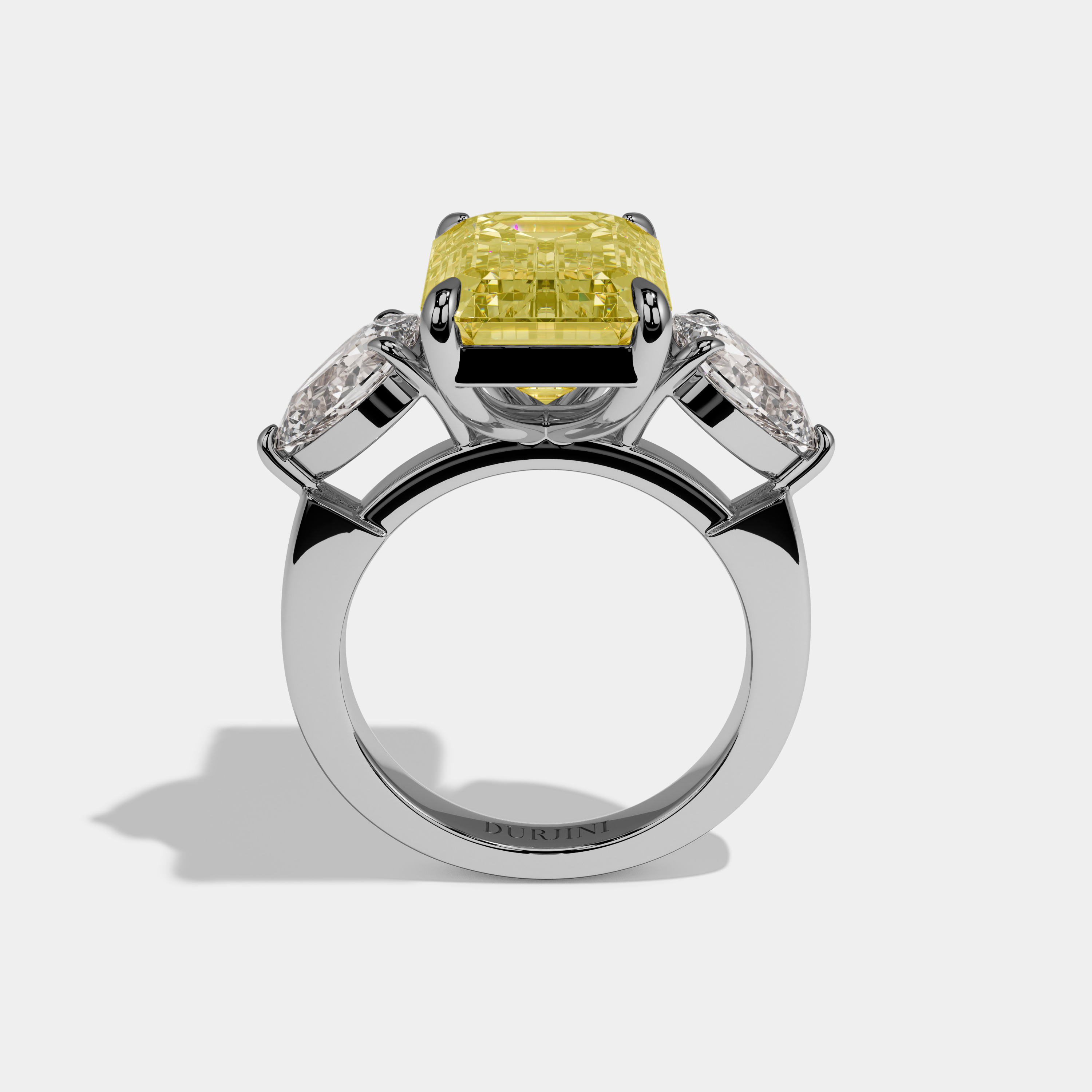 Amelia Fancy Yellow Emerald Cut Diamond Plain Band With Pear Sides Engagement Ring 8ct 18k White Gold