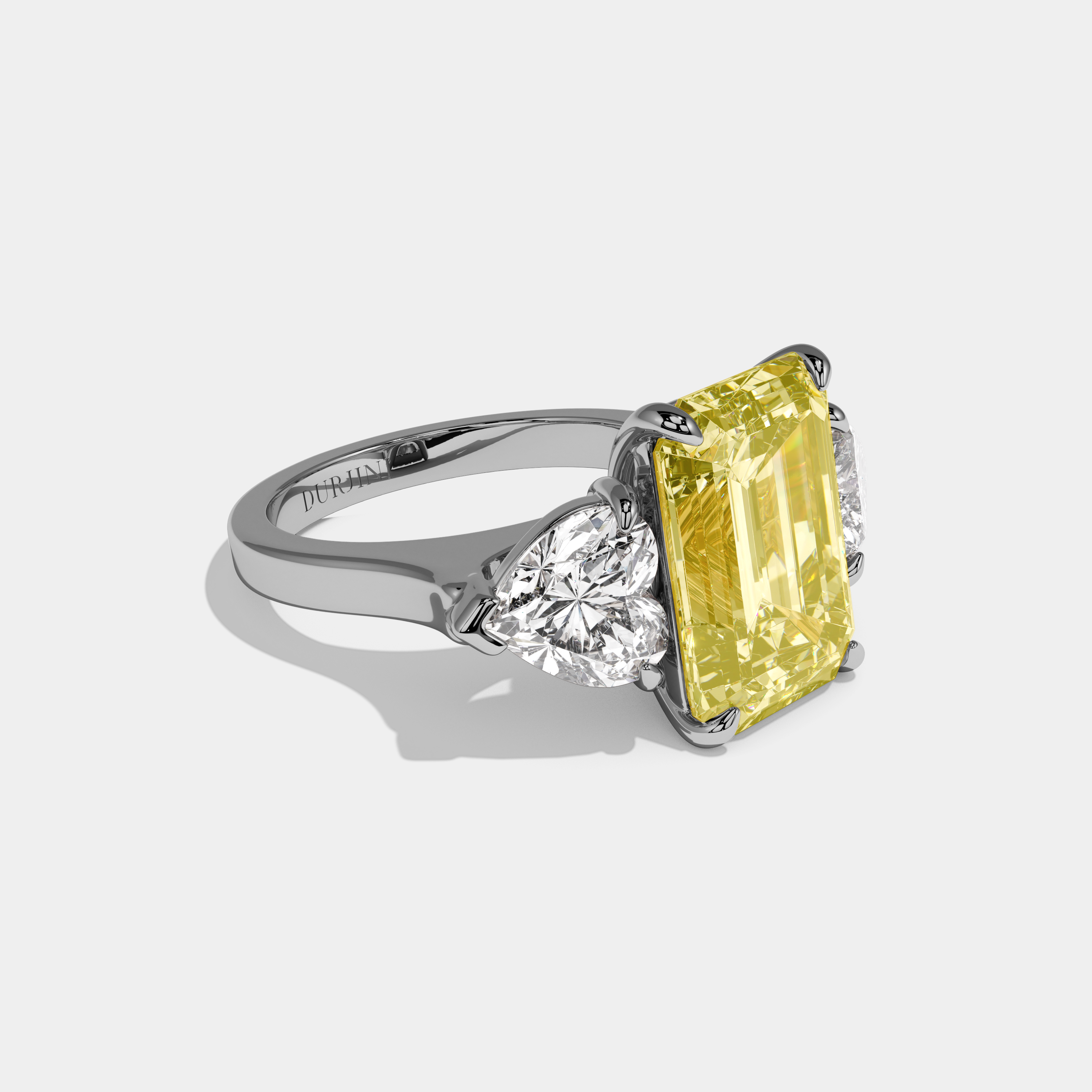 Eleanor Fancy Yellow Emerald Cut Diamond Plain Band With Heart Brilliant Sides Engagement Ring 10ct 18k White Gold