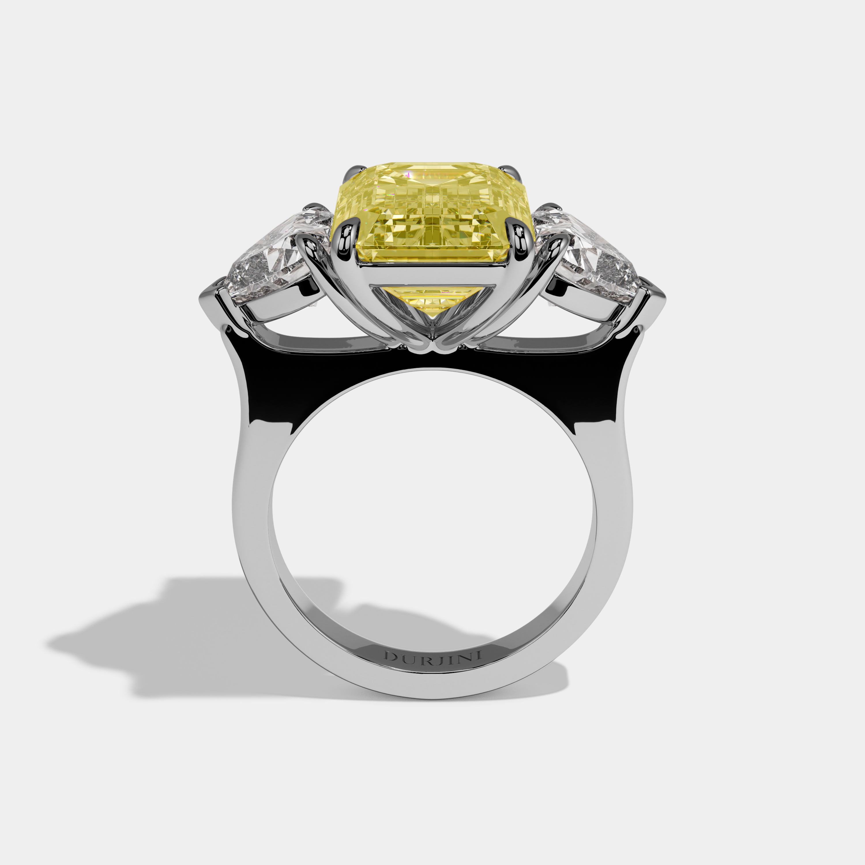 Eleanor Fancy Yellow Emerald Cut Diamond Plain Band With Heart Brilliant Sides Engagement Ring 10ct 18k White Gold