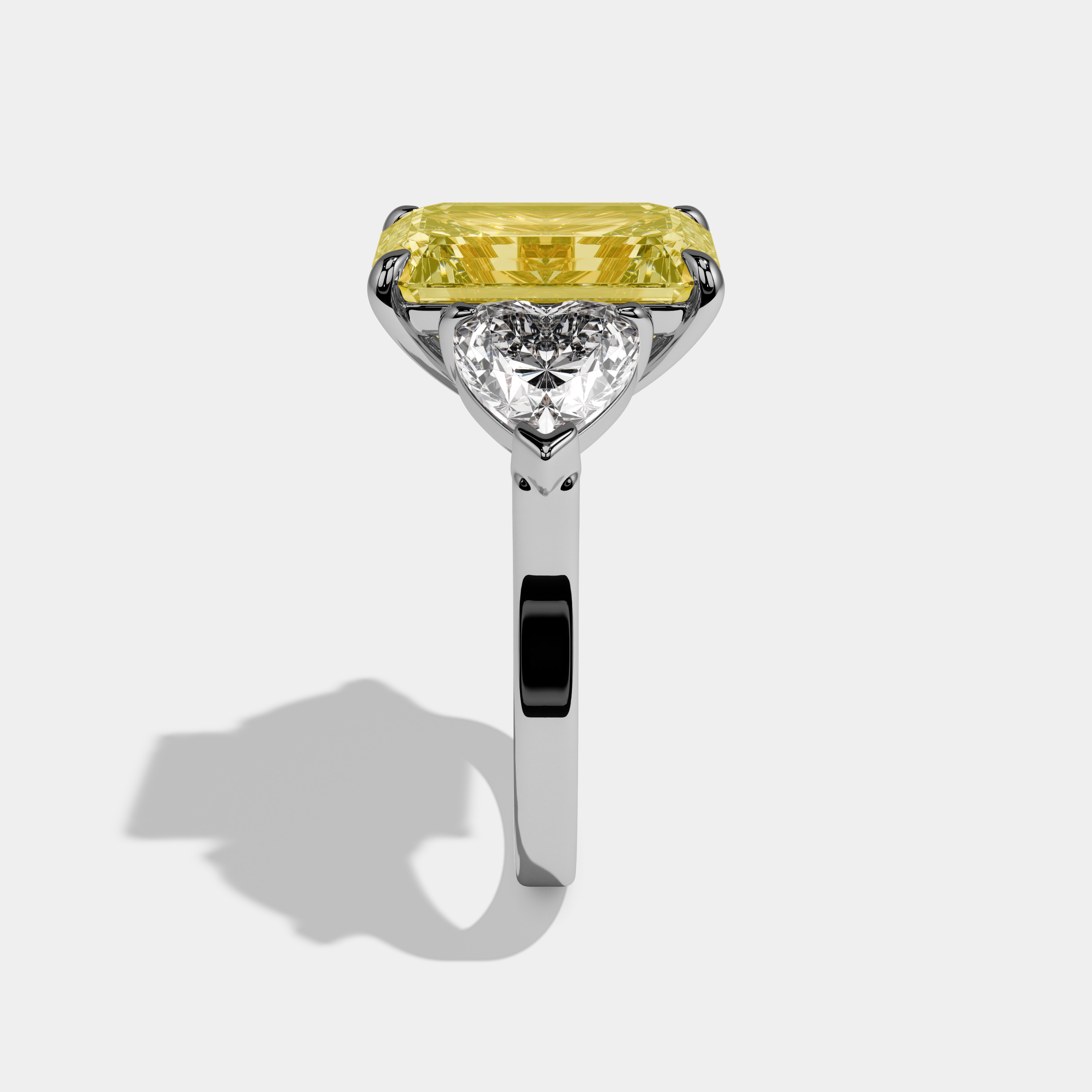 Eleanor Fancy Yellow Emerald Cut Diamond Plain Band With Heart Brilliant Sides Engagement Ring 10ct 18k White Gold