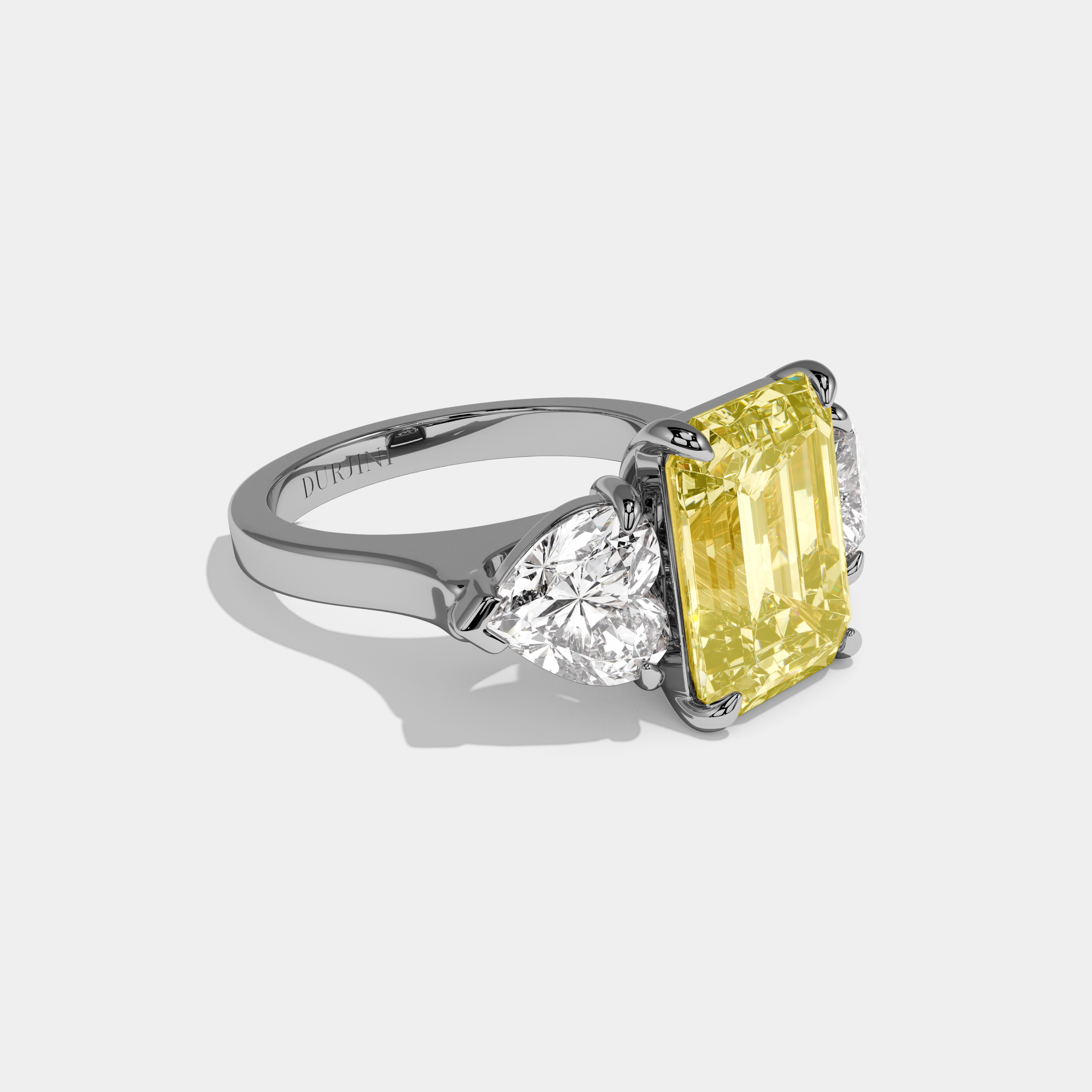Imogen Fancy Yellow Emerald Cut Diamond Plain Band With Heart Sides Engagement Ring 10ct 18k White Gold