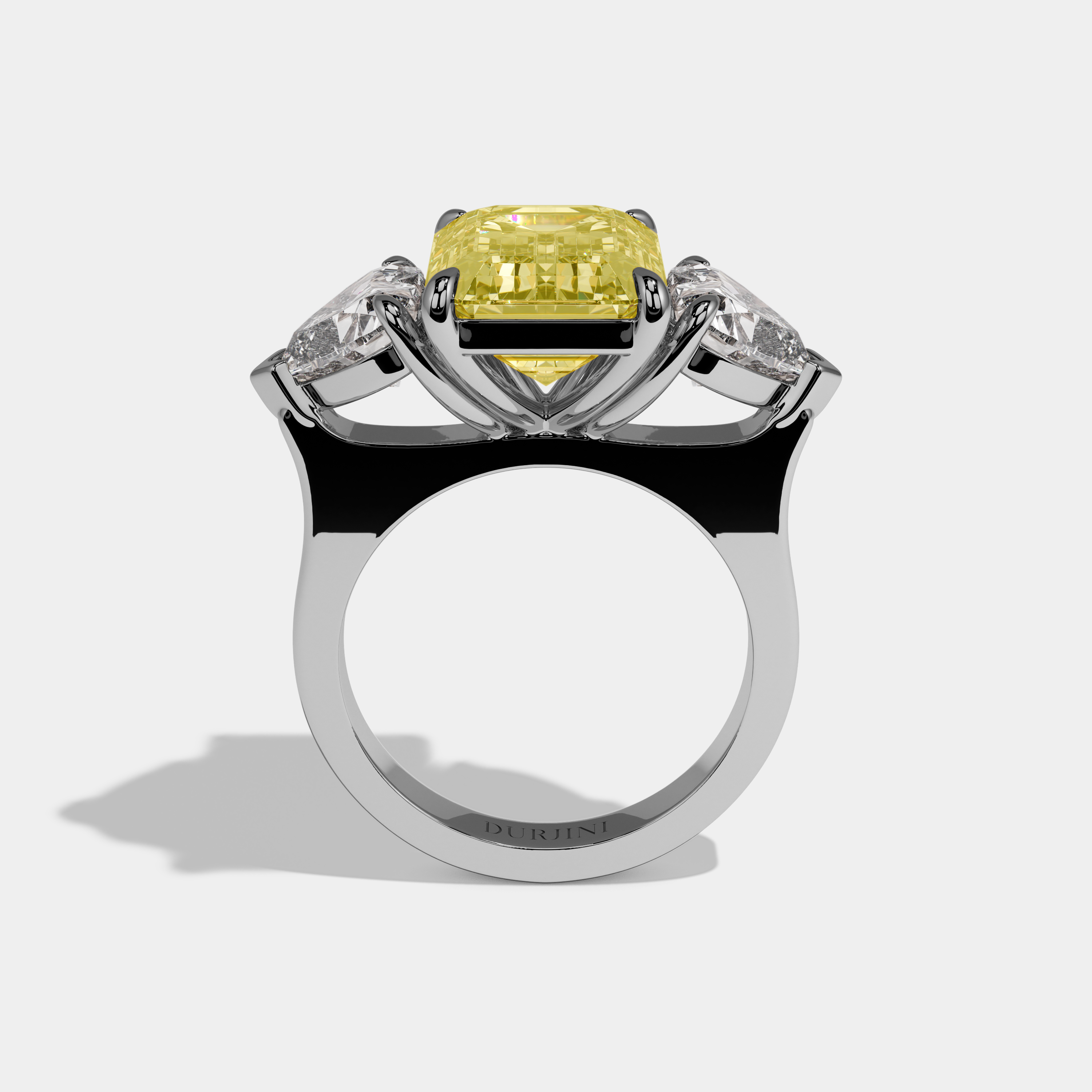 Imogen Fancy Yellow Emerald Cut Diamond Plain Band With Heart Sides Engagement Ring 10ct 18k White Gold
