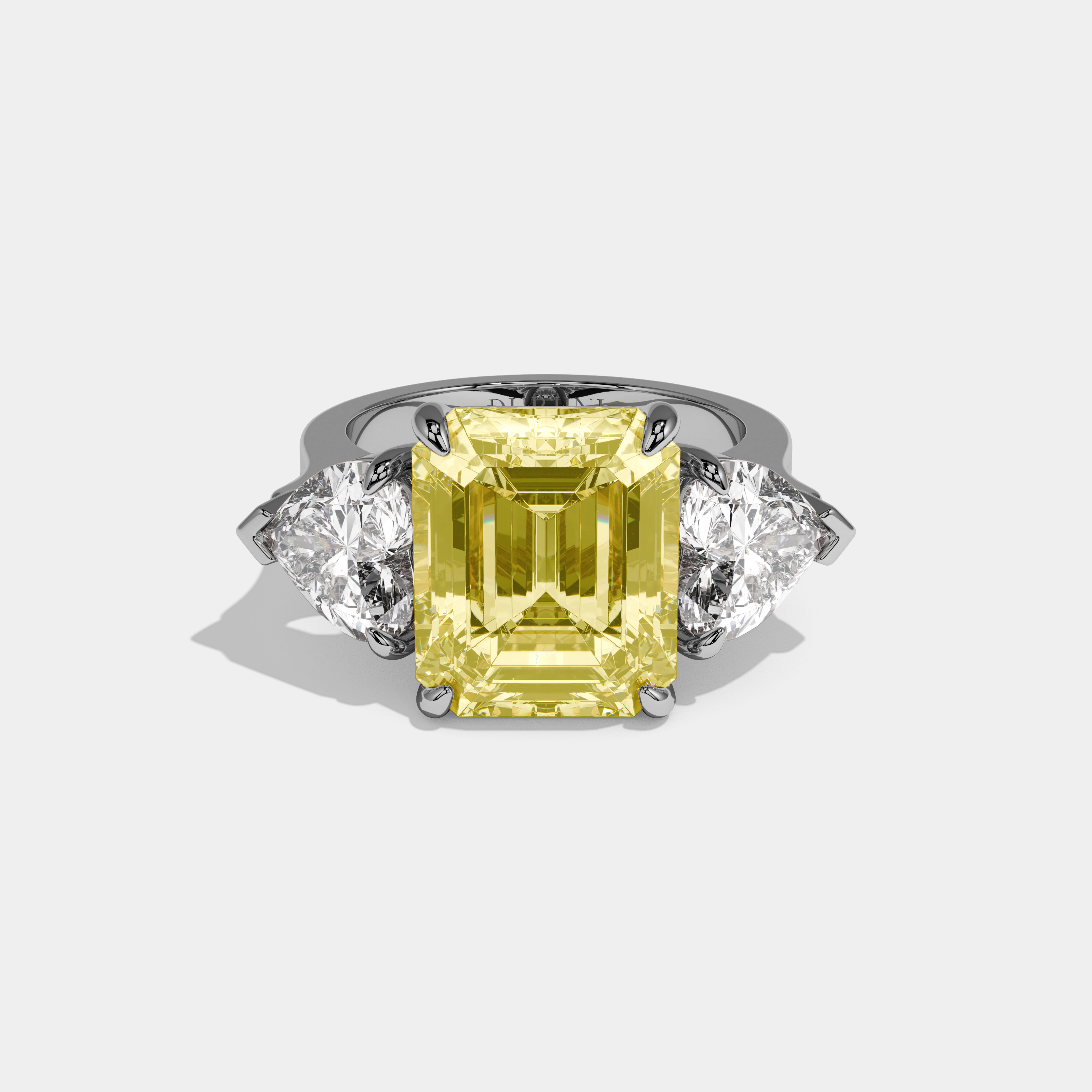 Juliet Fancy Yellow Emerald Cut Diamond Plain Band With Heart Brilliant Sides Engagement Ring 8ct 18k White Gold