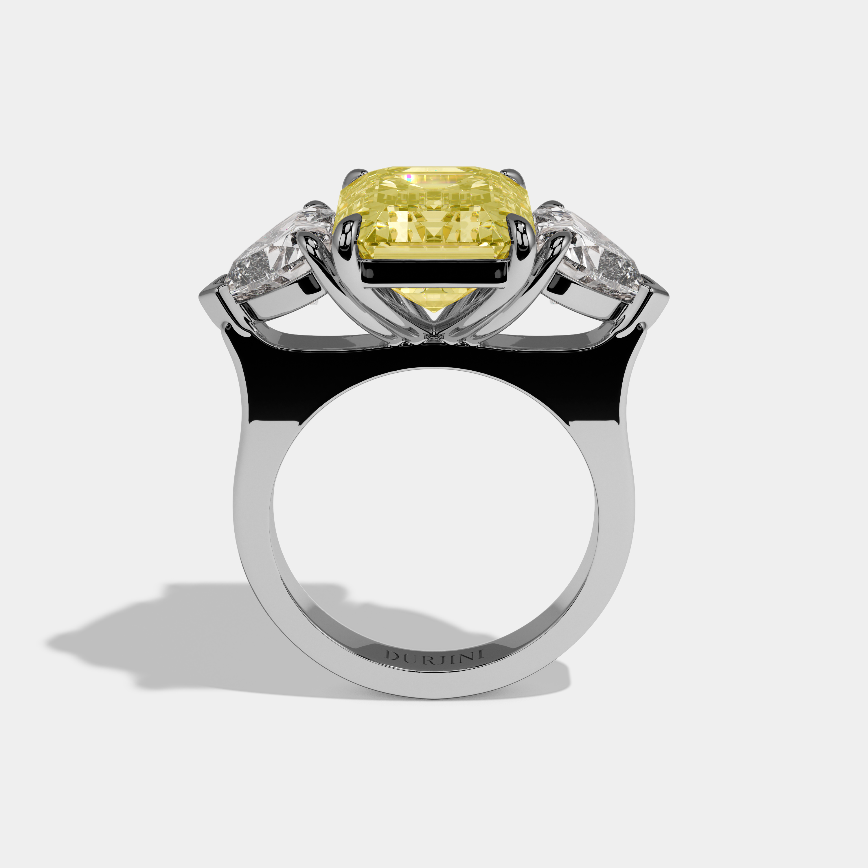 Juliet Fancy Yellow Emerald Cut Diamond Plain Band With Heart Brilliant Sides Engagement Ring 8ct 18k White Gold