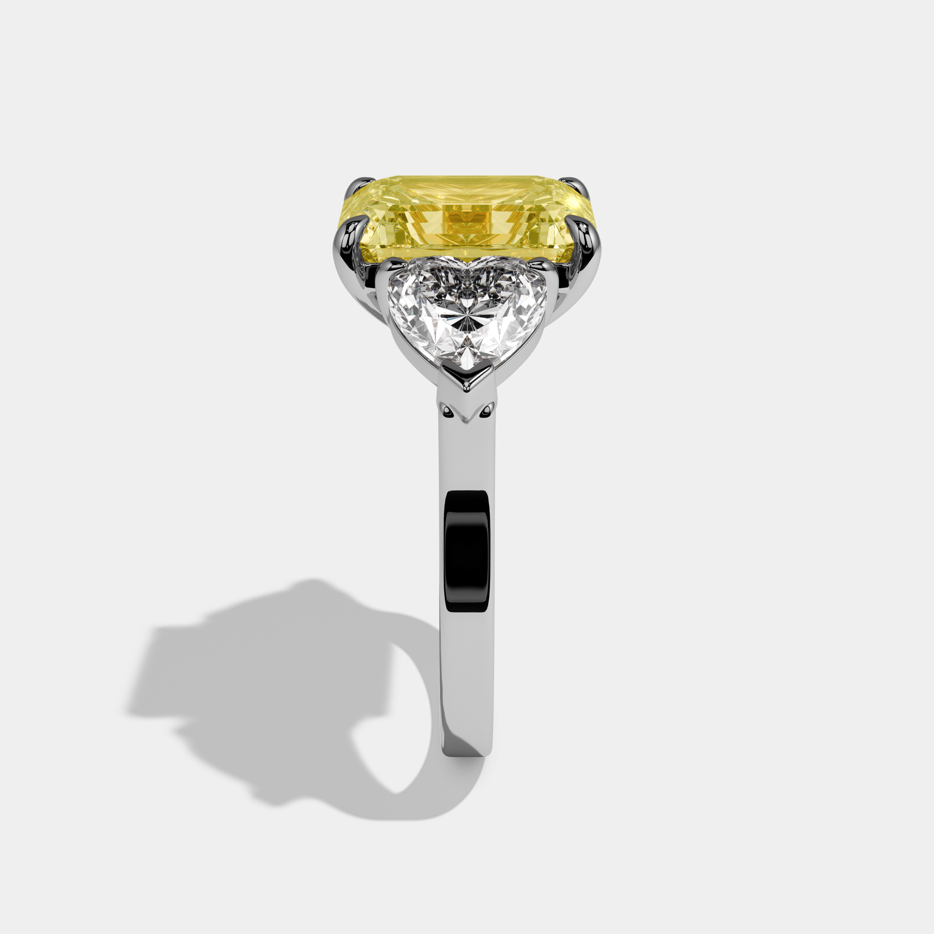 Juliet Fancy Yellow Emerald Cut Diamond Plain Band With Heart Brilliant Sides Engagement Ring 8ct 18k White Gold