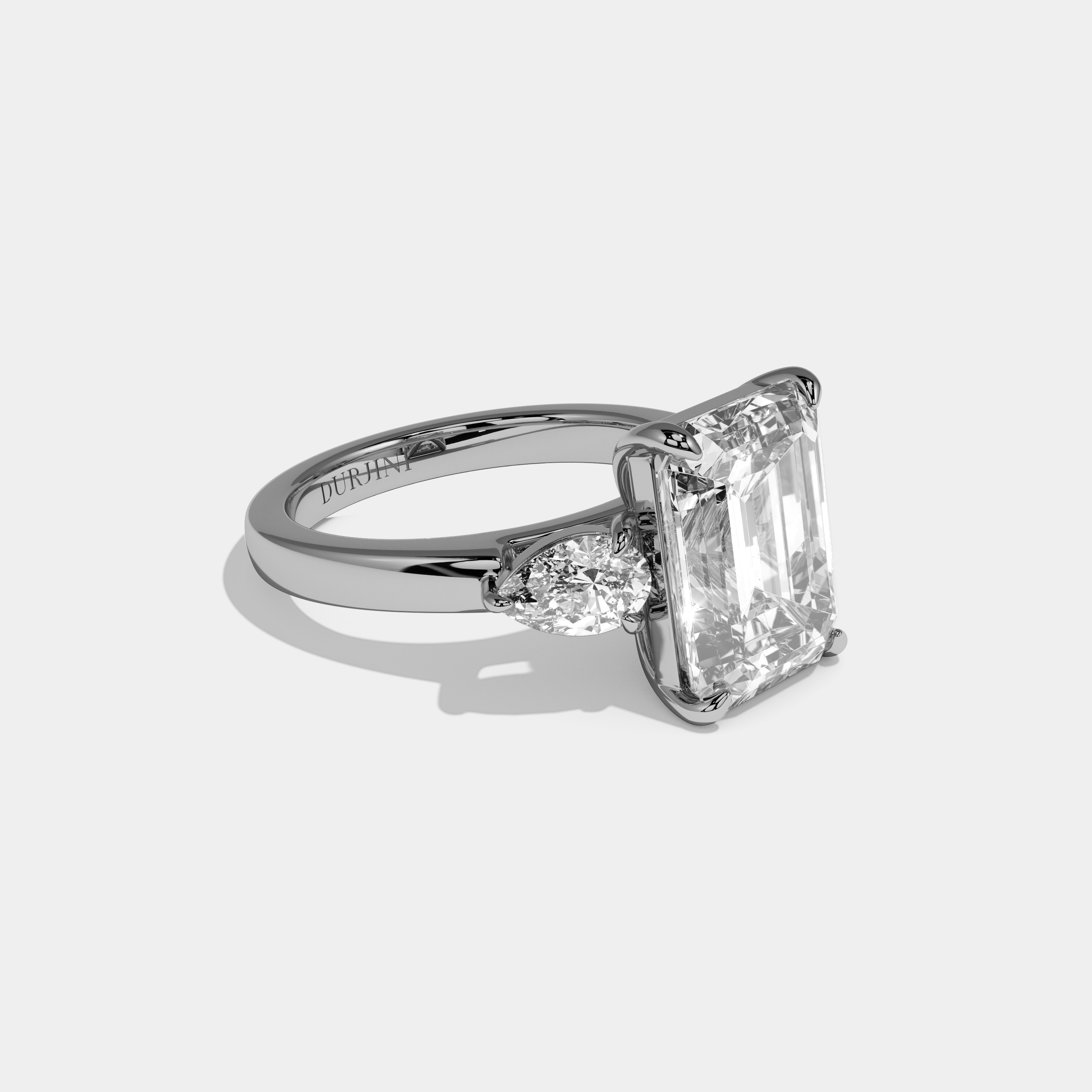 Francesca Emerald Cut Diamond Plain Band With Pear Brilliant Sides Engagement Ring 8ct 18k White Gold