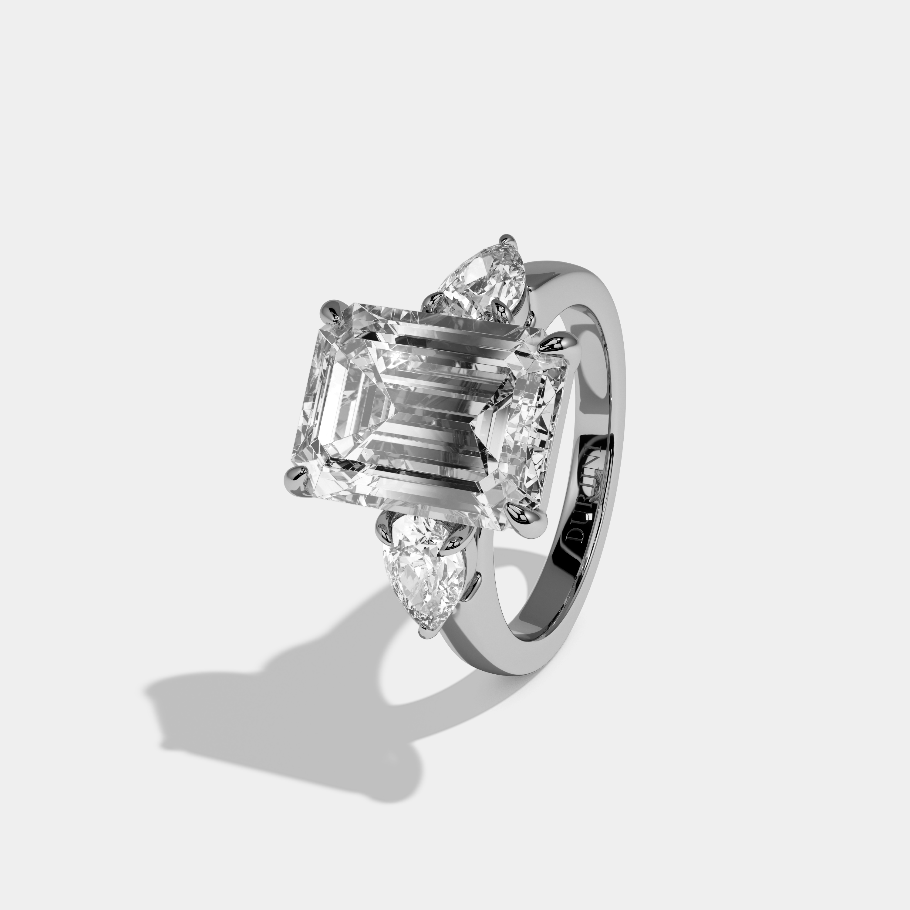 Francesca Emerald Cut Diamond Plain Band With Pear Brilliant Sides Engagement Ring 8ct 18k White Gold