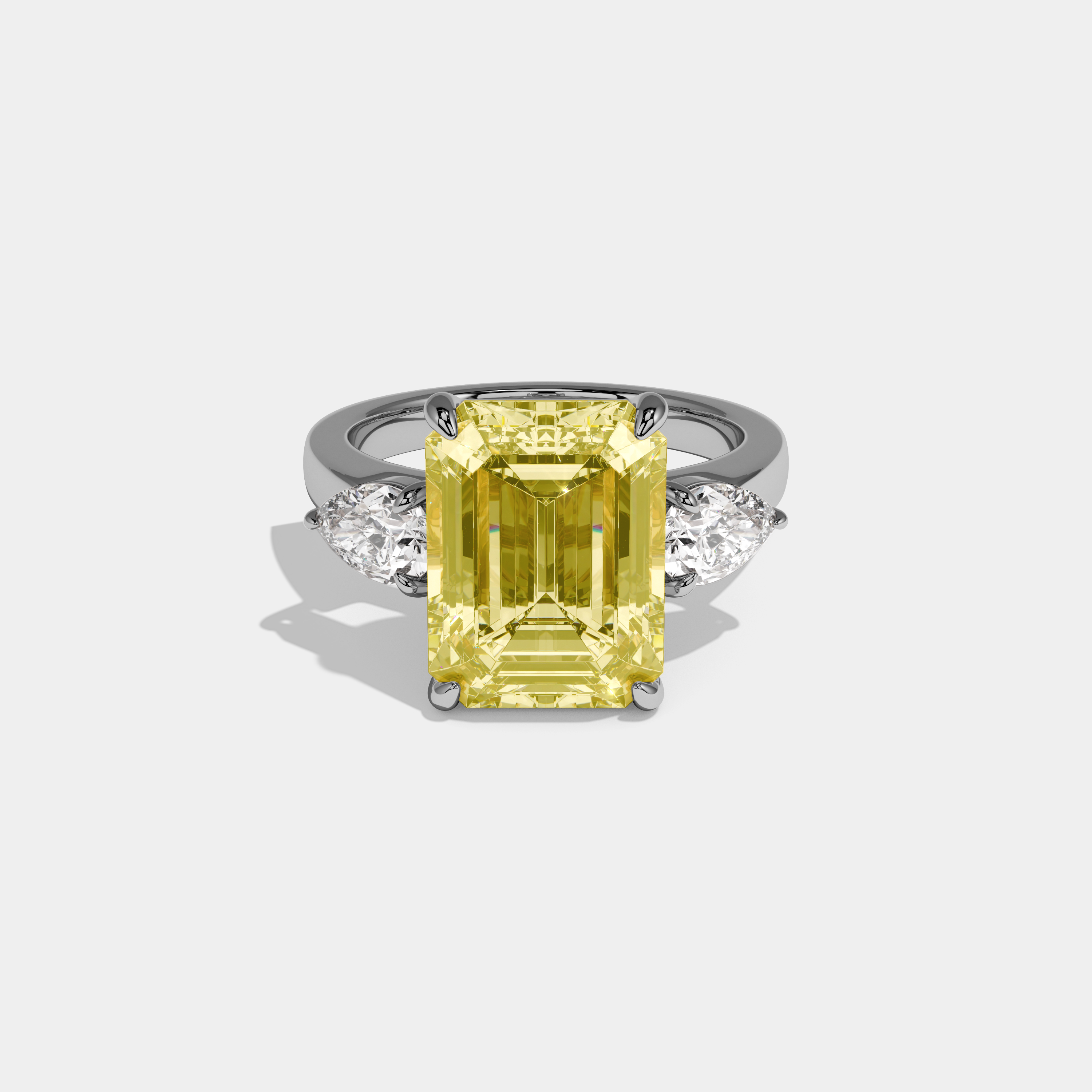 Francesca Fancy Yellow Emerald Cut Diamond Plain Band With Pear Brilliant Sides Engagement Ring 8ct 18k White Gold