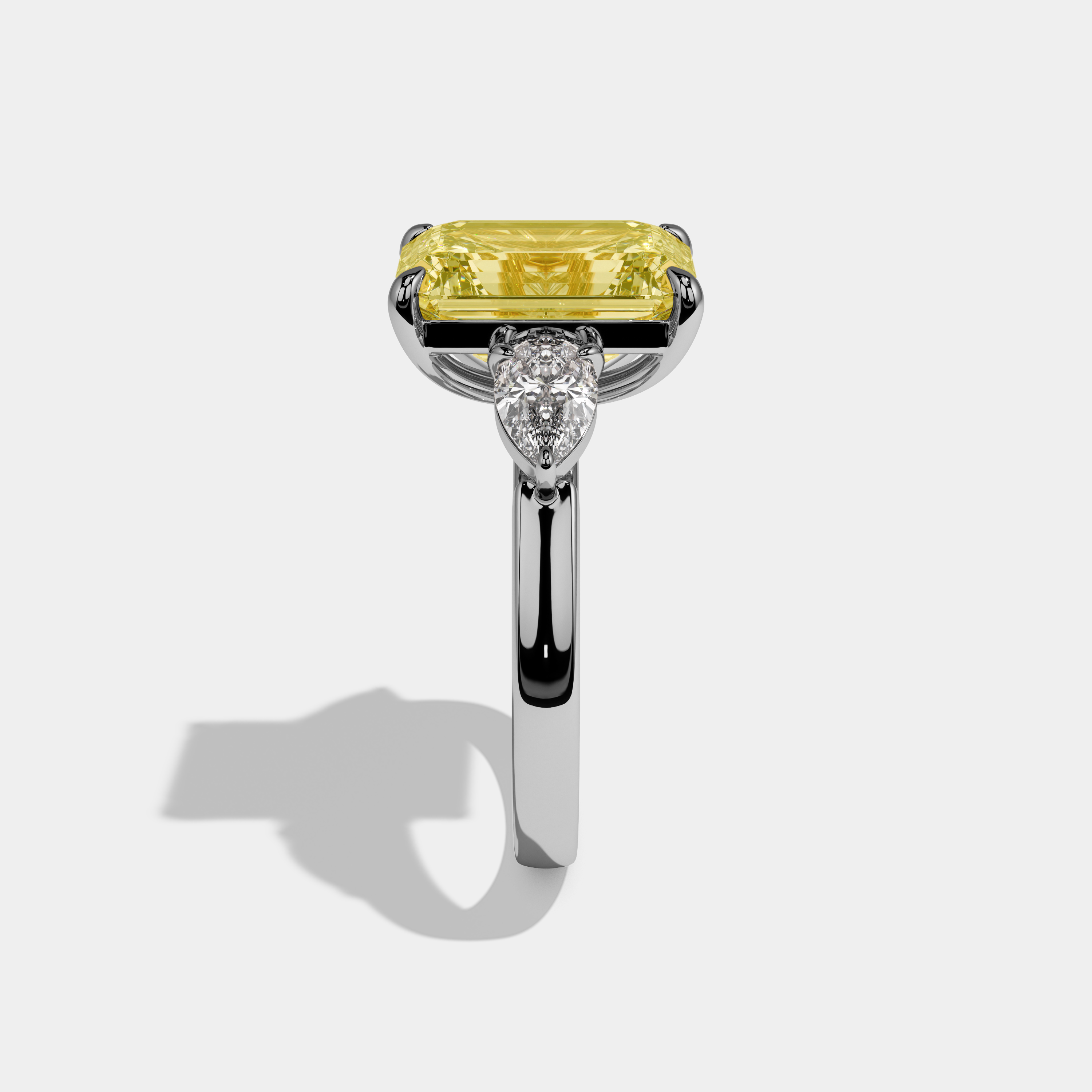 Francesca Fancy Yellow Emerald Cut Diamond Plain Band With Pear Brilliant Sides Engagement Ring 8ct 18k White Gold