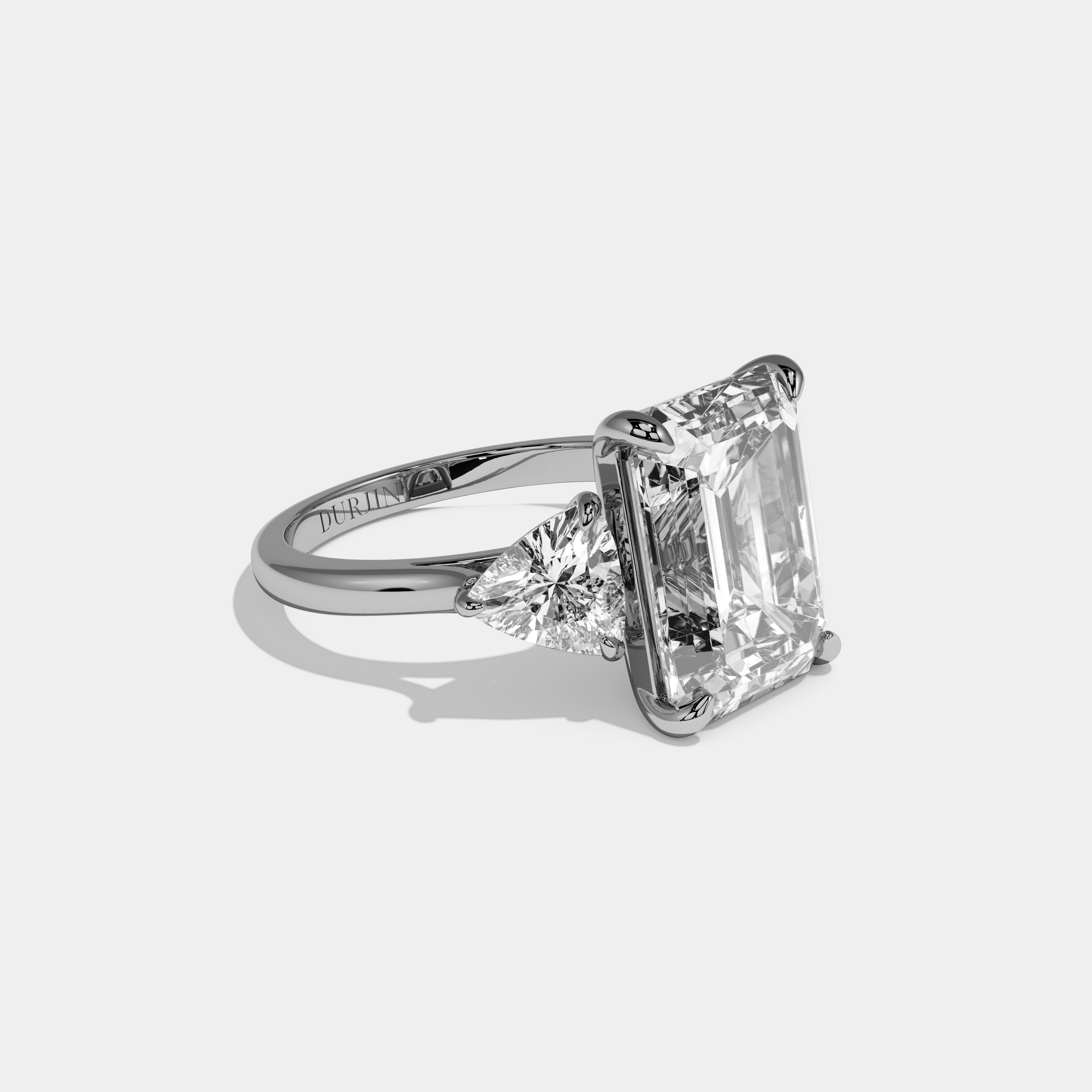 Vivoria Emerald Cut Diamond Plain Band With Trillion Sides Engagement Ring 8ct 18k White Gold