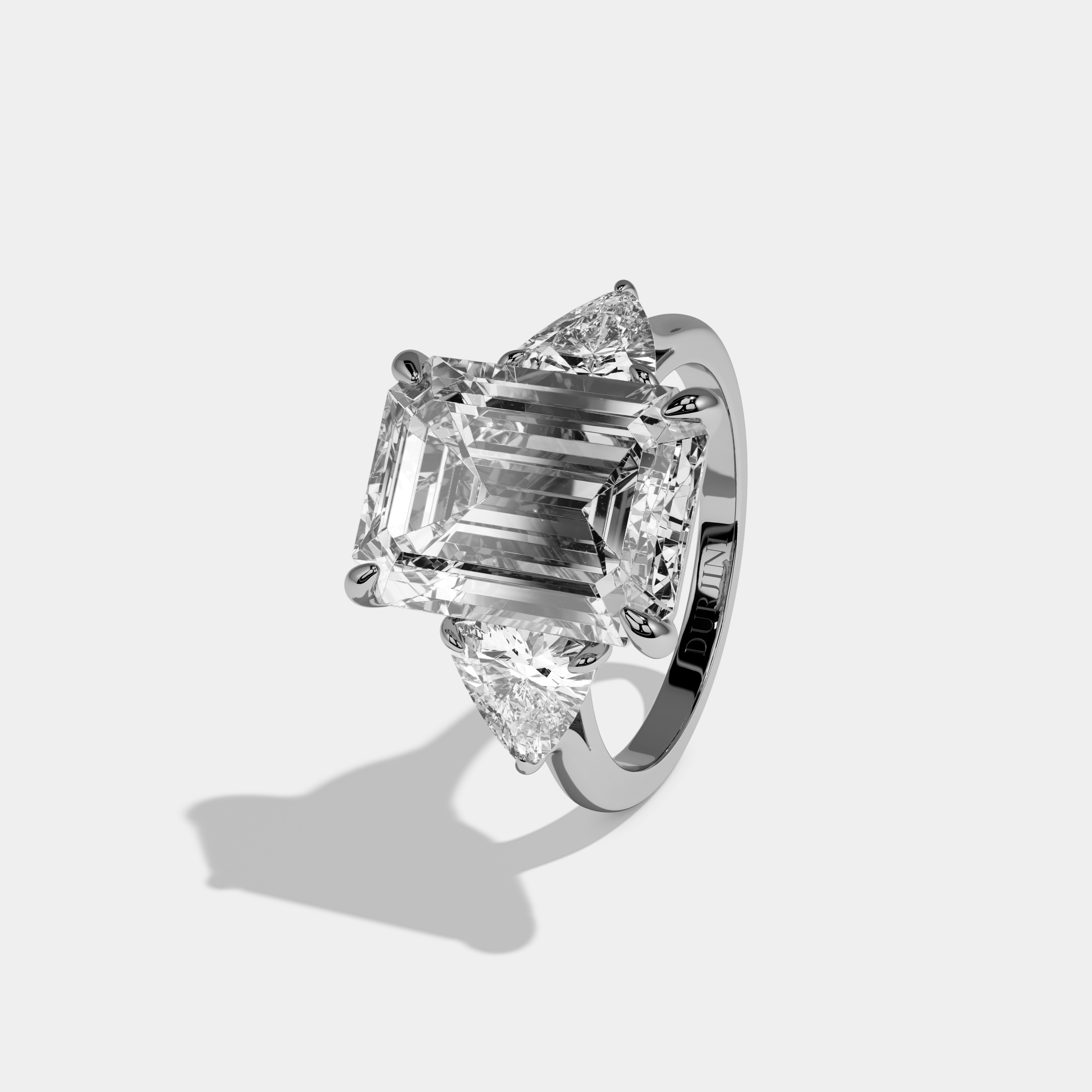 Vivoria Emerald Cut Diamond Plain Band With Trillion Sides Engagement Ring 8ct 18k White Gold