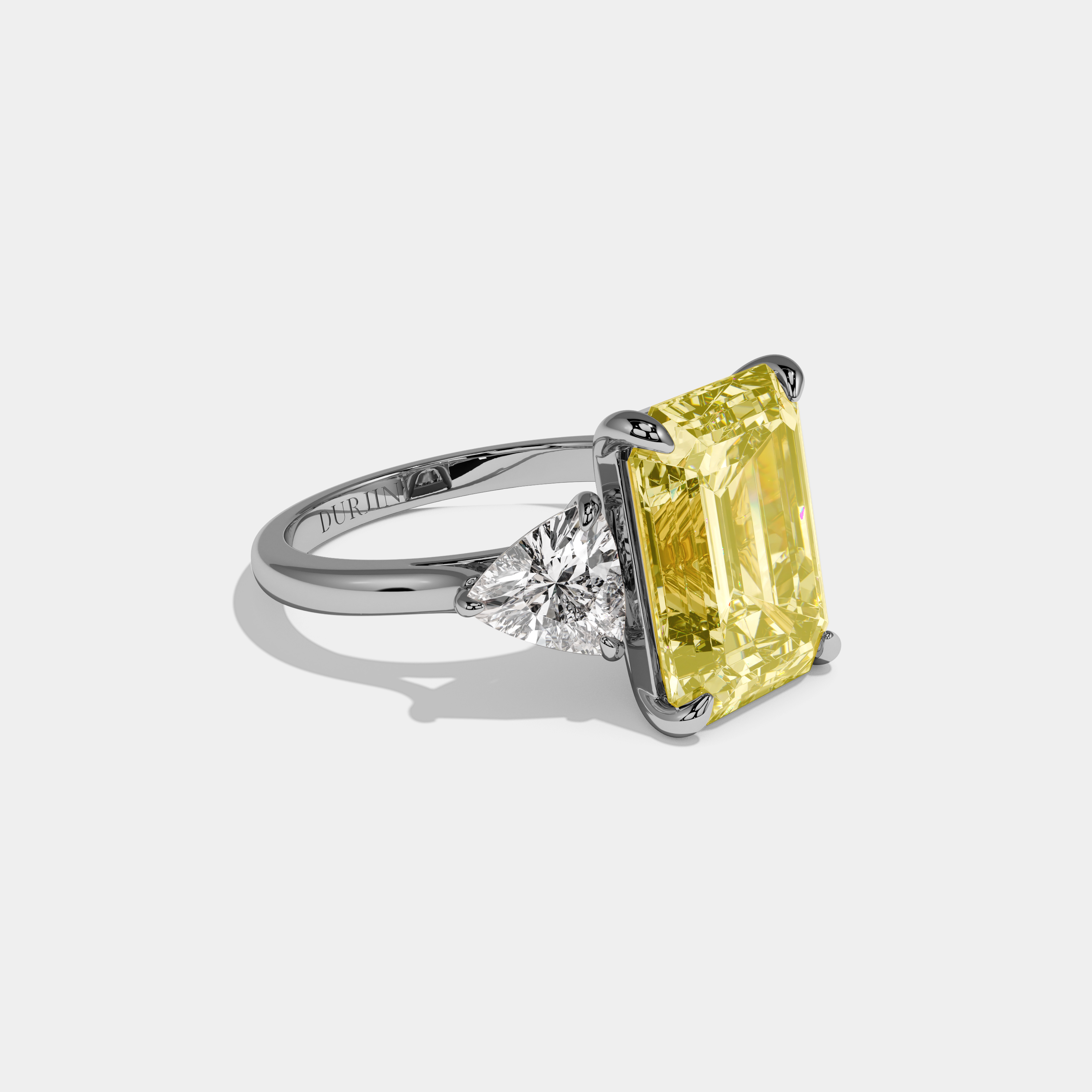 Vivoria Fancy Yellow Emerald Cut Diamond Plain Band With Trillion Sides Engagement Ring 8ct 18k White Gold