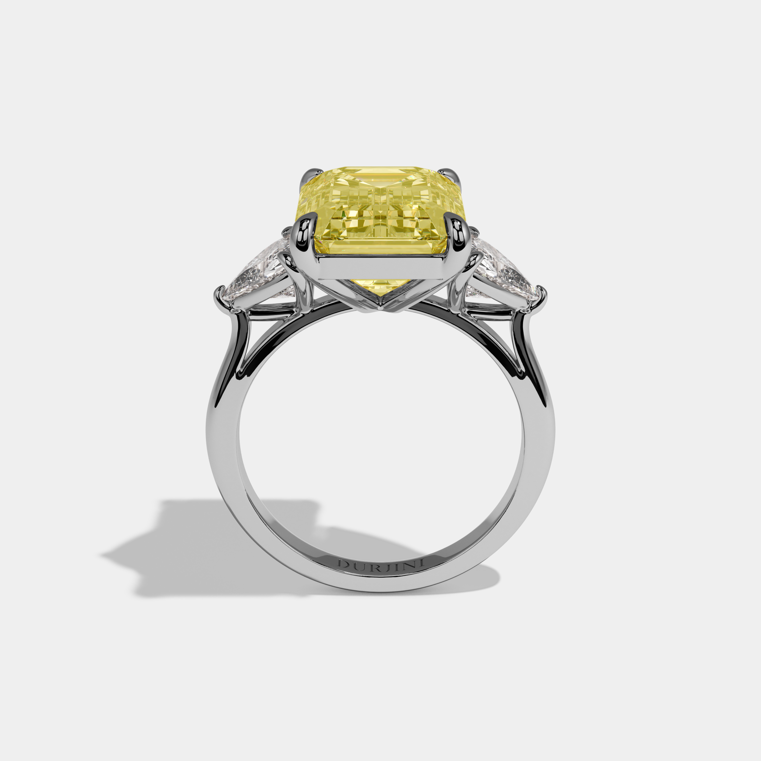 Vivoria Fancy Yellow Emerald Cut Diamond Plain Band With Trillion Sides Engagement Ring 8ct 18k White Gold