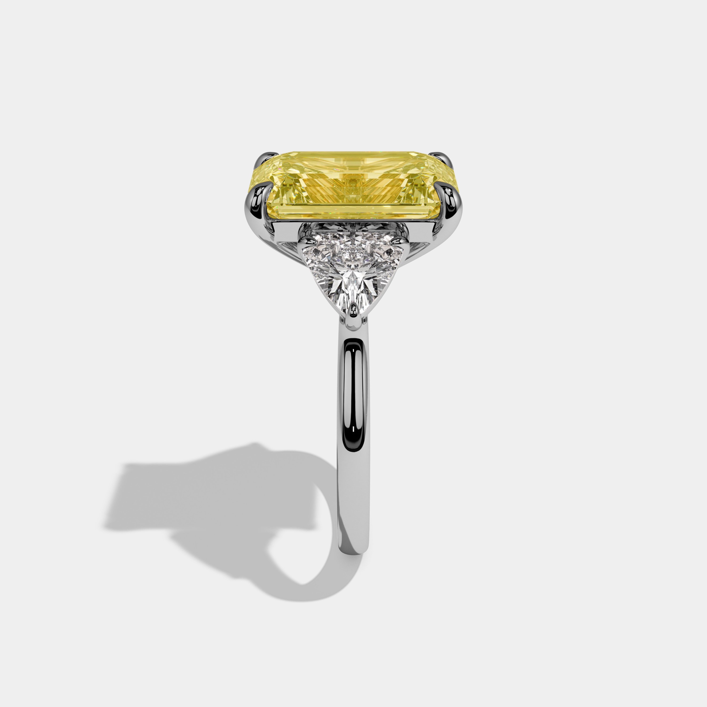 Vivoria Fancy Yellow Emerald Cut Diamond Plain Band With Trillion Sides Engagement Ring 8ct 18k White Gold
