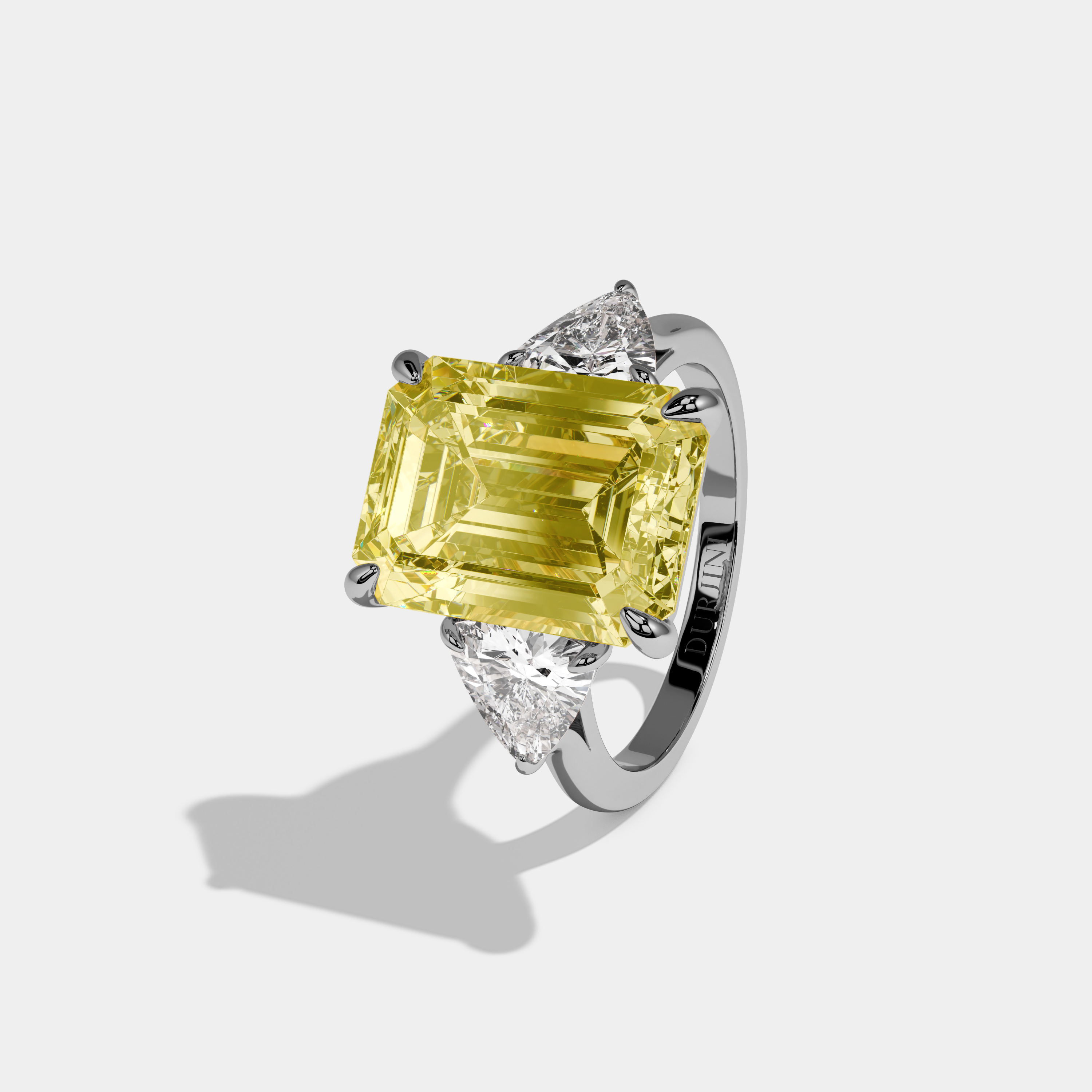Vivoria Fancy Yellow Emerald Cut Diamond Plain Band With Trillion Sides Engagement Ring 8ct 18k White Gold