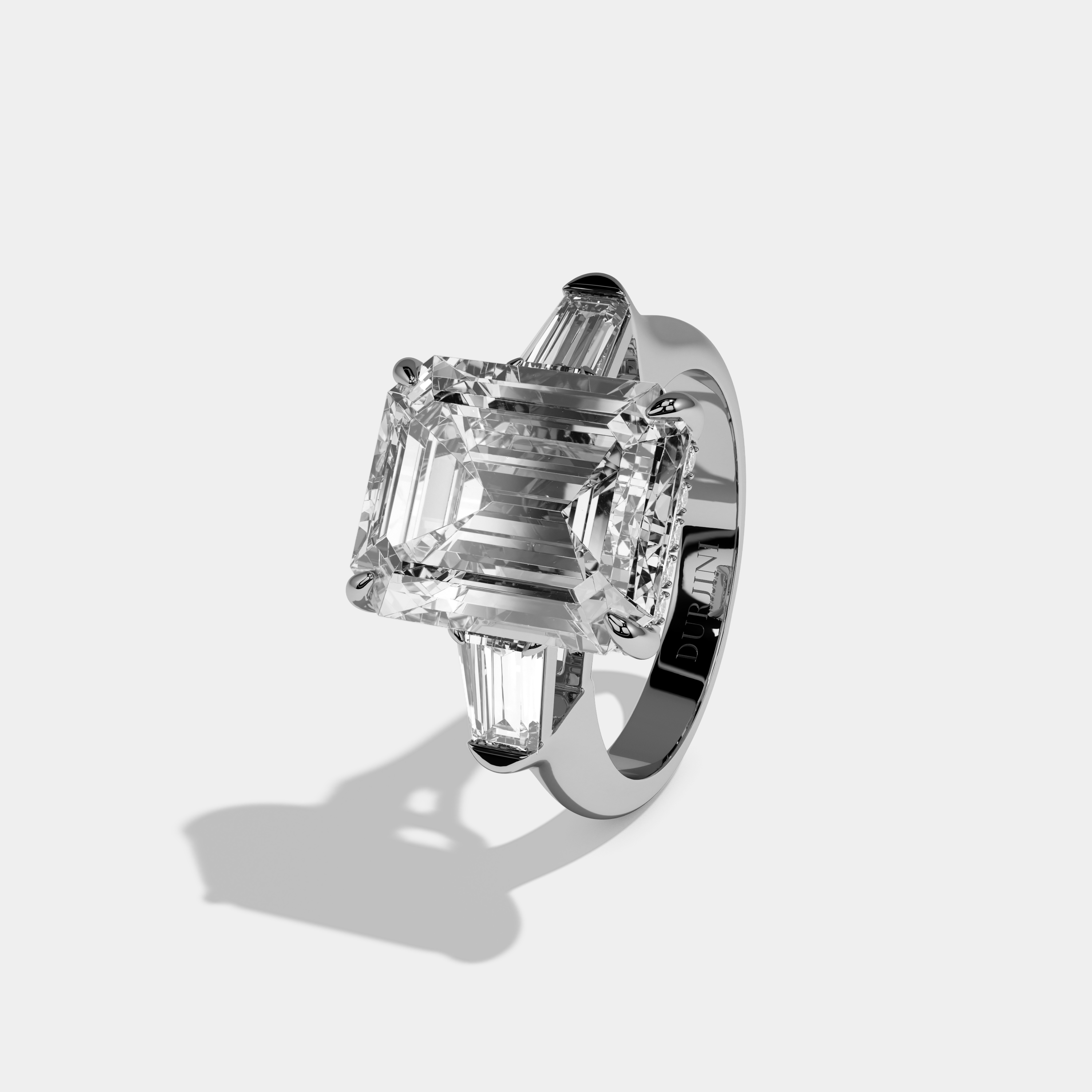 Astrelia Emerald Cut Diamond Plain Band With Baguette Sides Engagement Ring 8ct 18k White Gold