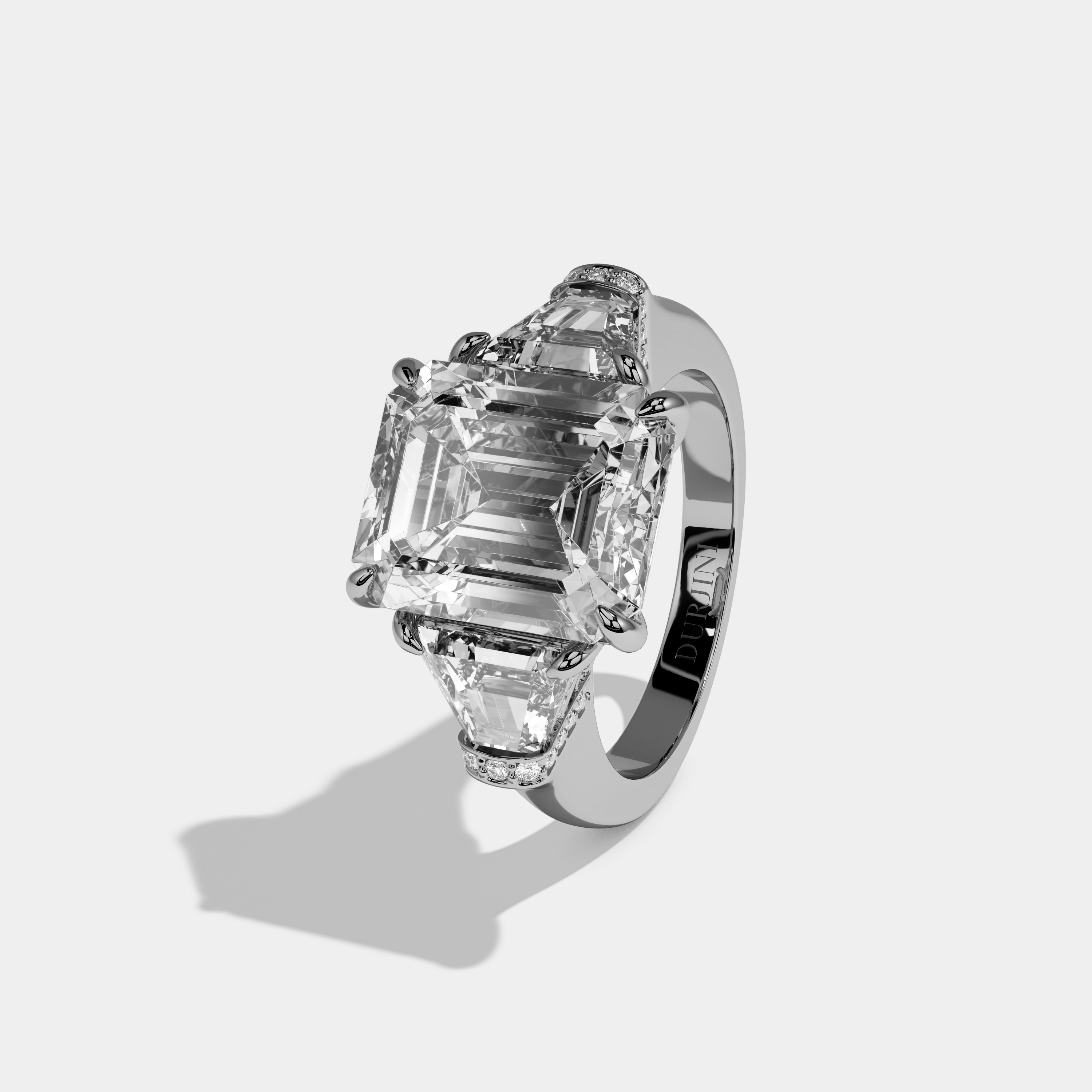 Malone Emerald Cut Diamond Plain Band With Quad Cut Sides Engagement Ring 10ct 18k White Gold