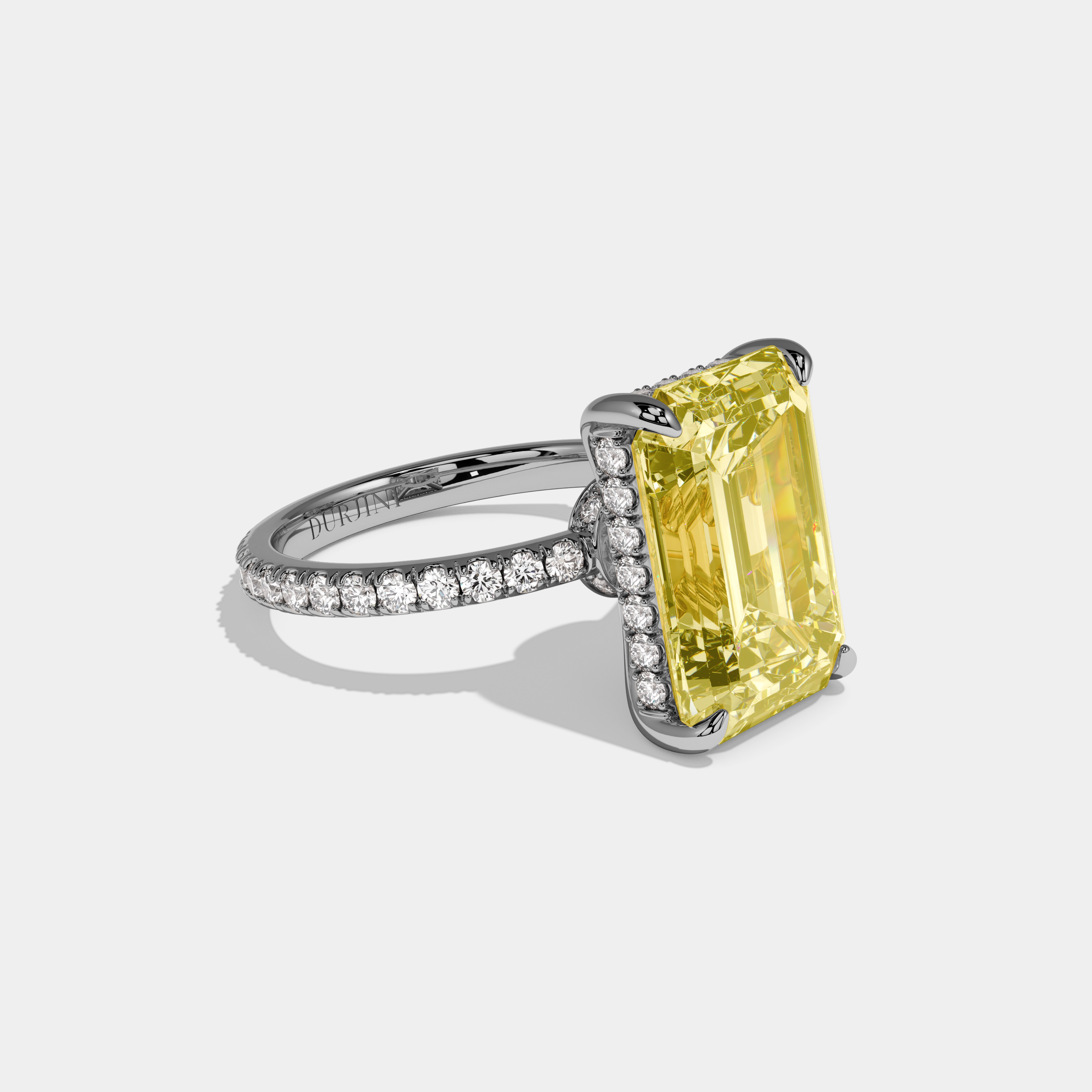 Matilda Fancy Yellow Emerald Cut Diamond Band Hidden Halo Engagement Ring 12ct 18k White Gold