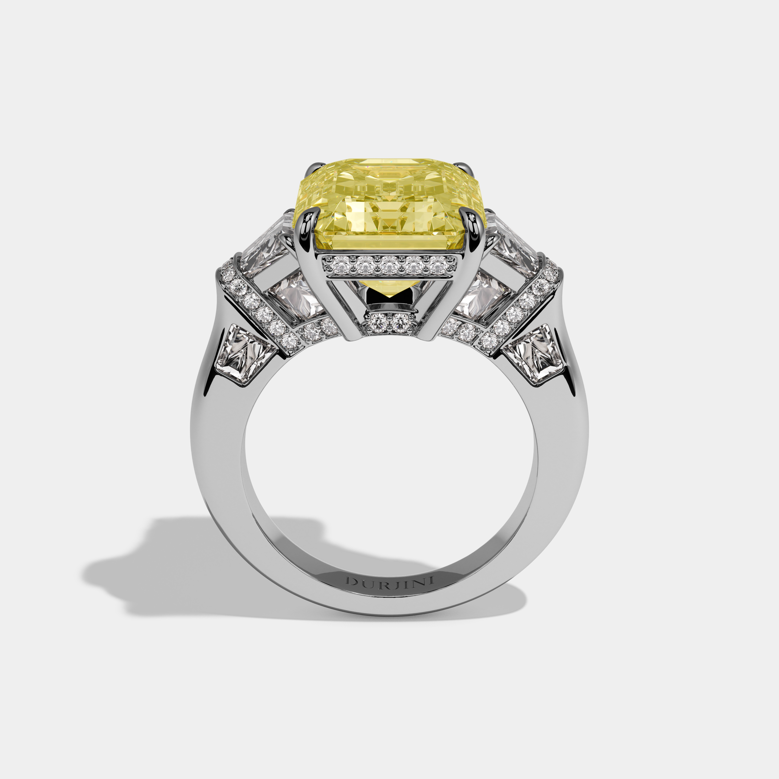 Beryl Fancy Yellow Emerald Cut Diamond Plain Band With Trapezoid Sides Engagement Ring 10ct 18k White Gold