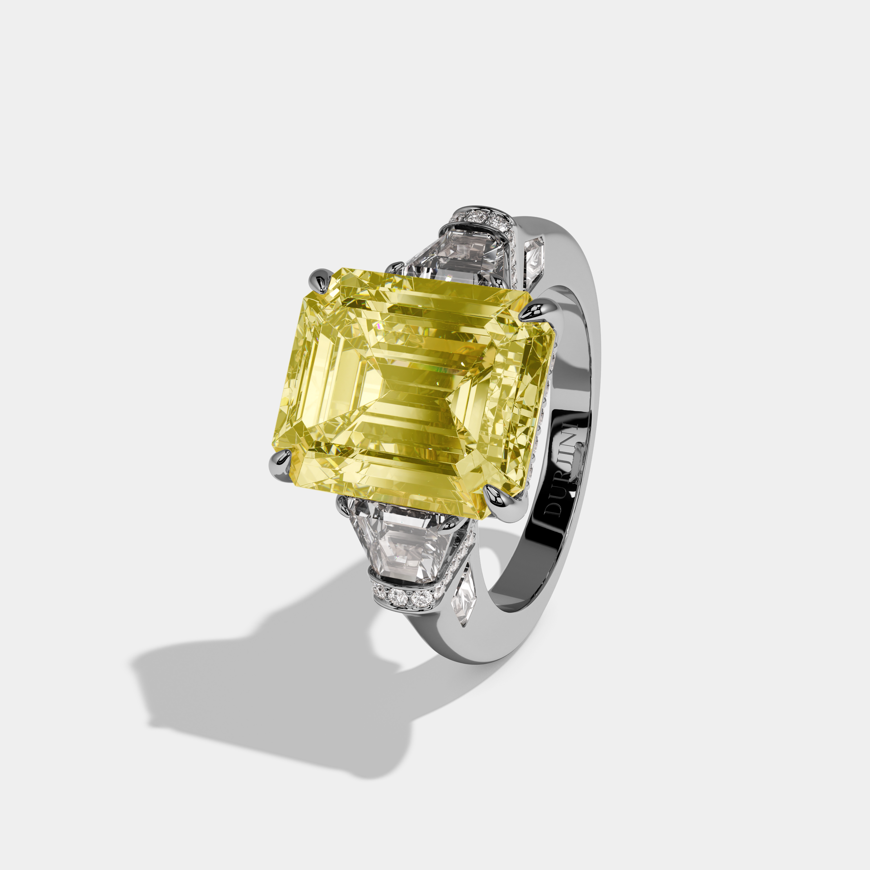 Beryl Fancy Yellow Emerald Cut Diamond Plain Band With Trapezoid Sides Engagement Ring 10ct 18k White Gold