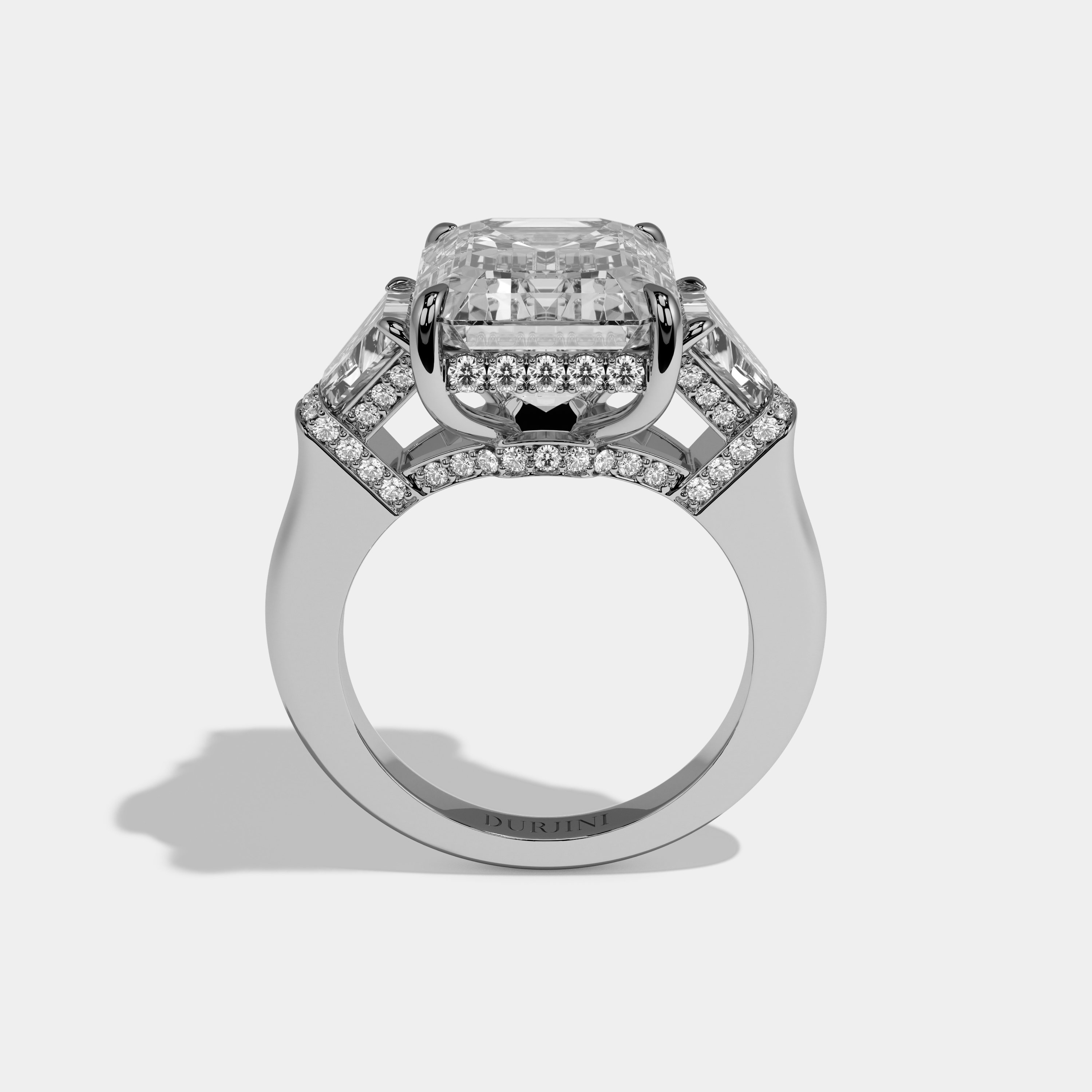 Augusta Emerald Cut Diamond Plain Band With Quad Cut Sides Engagement Ring 10ct 18k White Gold