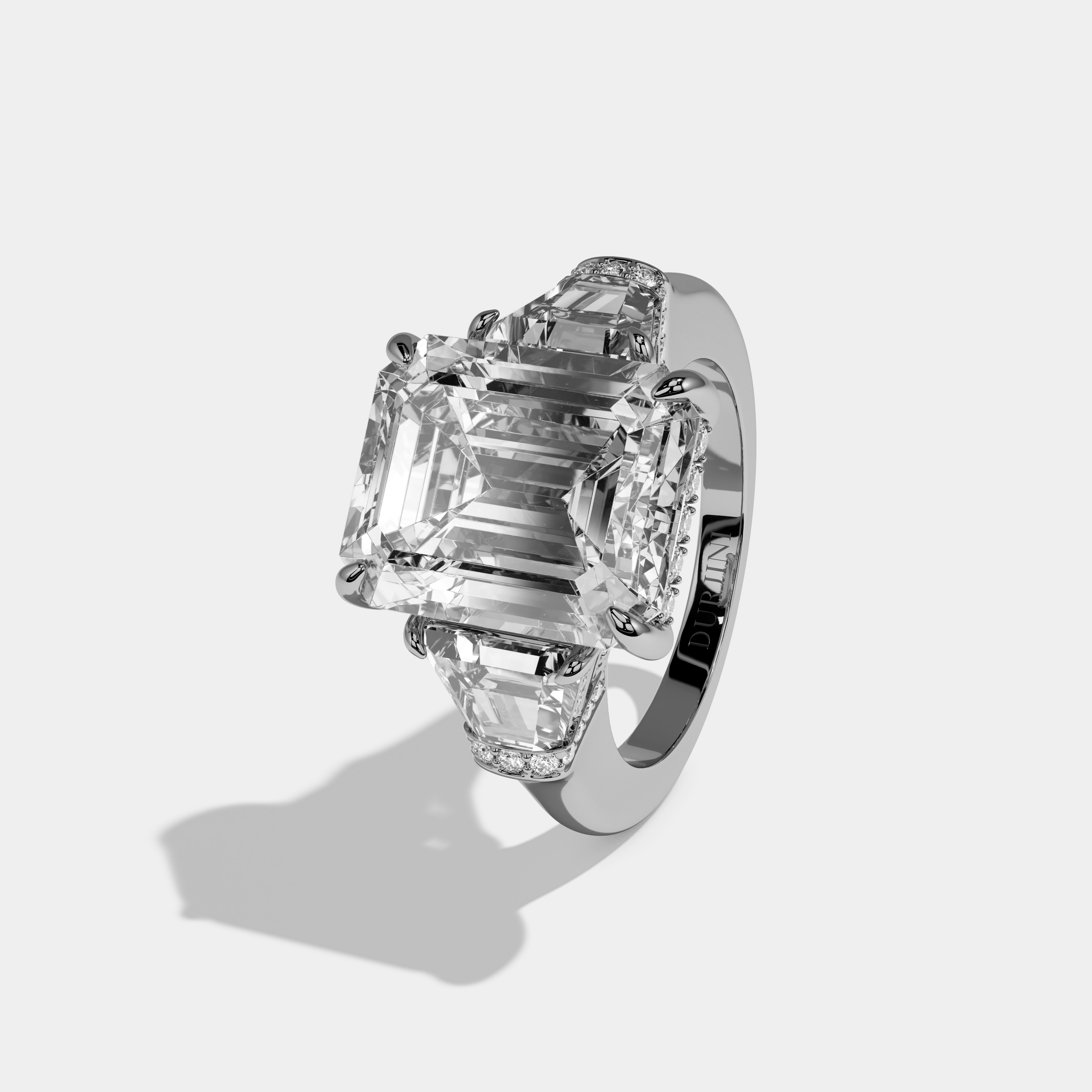 Augusta Emerald Cut Diamond Plain Band With Quad Cut Sides Engagement Ring 10ct 18k White Gold