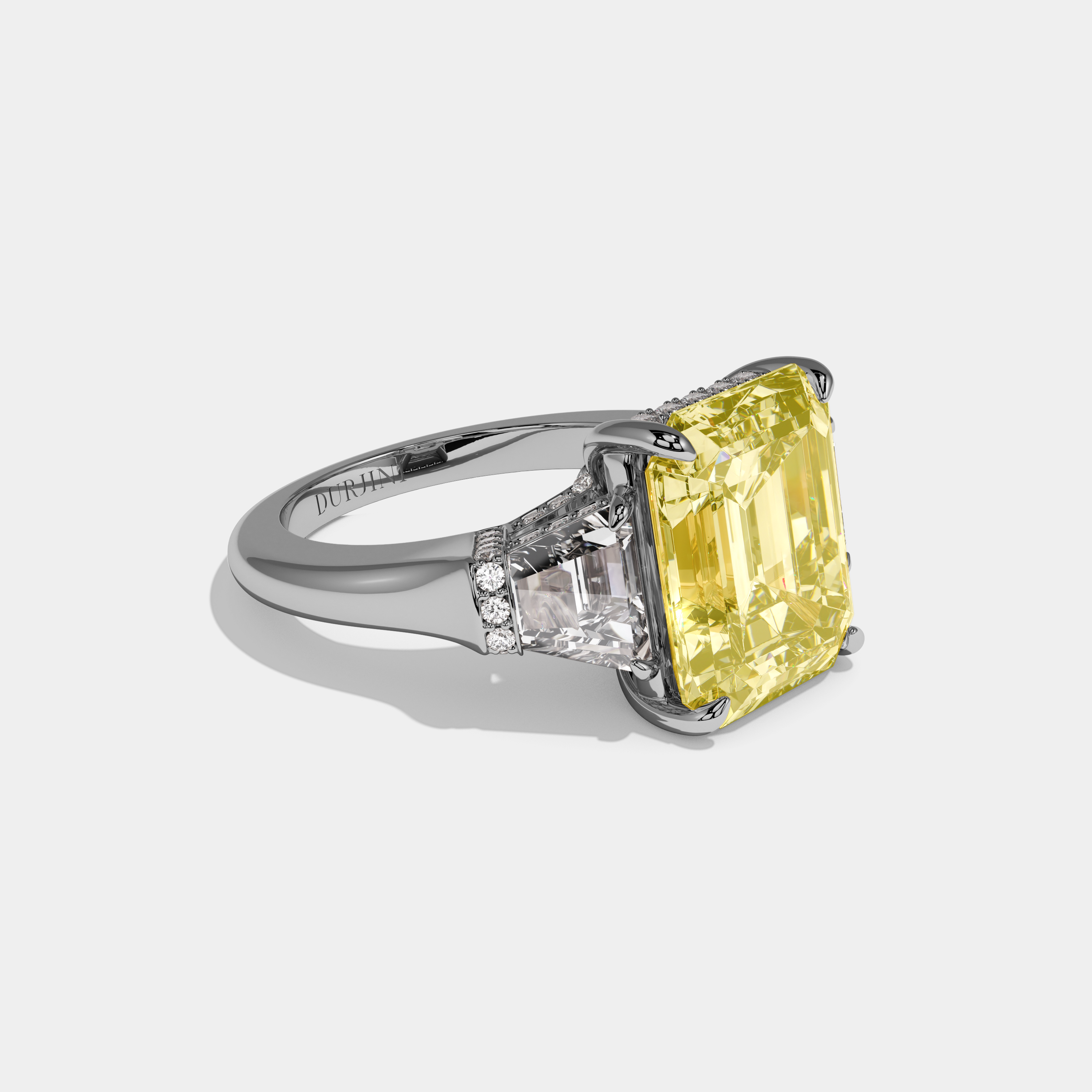 Augusta Fancy Yellow Emerald Cut Diamond Plain Band With Quad Cut Sides Engagement Ring 8ct 18k White Gold