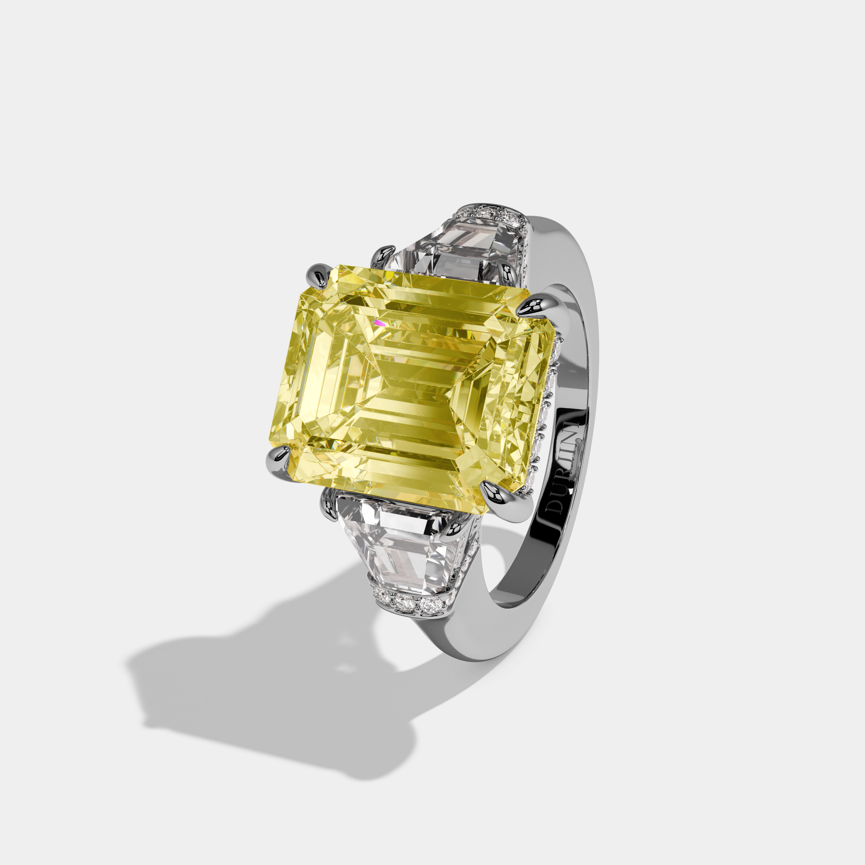 Augusta Fancy Yellow Emerald Cut Diamond Plain Band With Quad Cut Sides Engagement Ring 8ct 18k White Gold