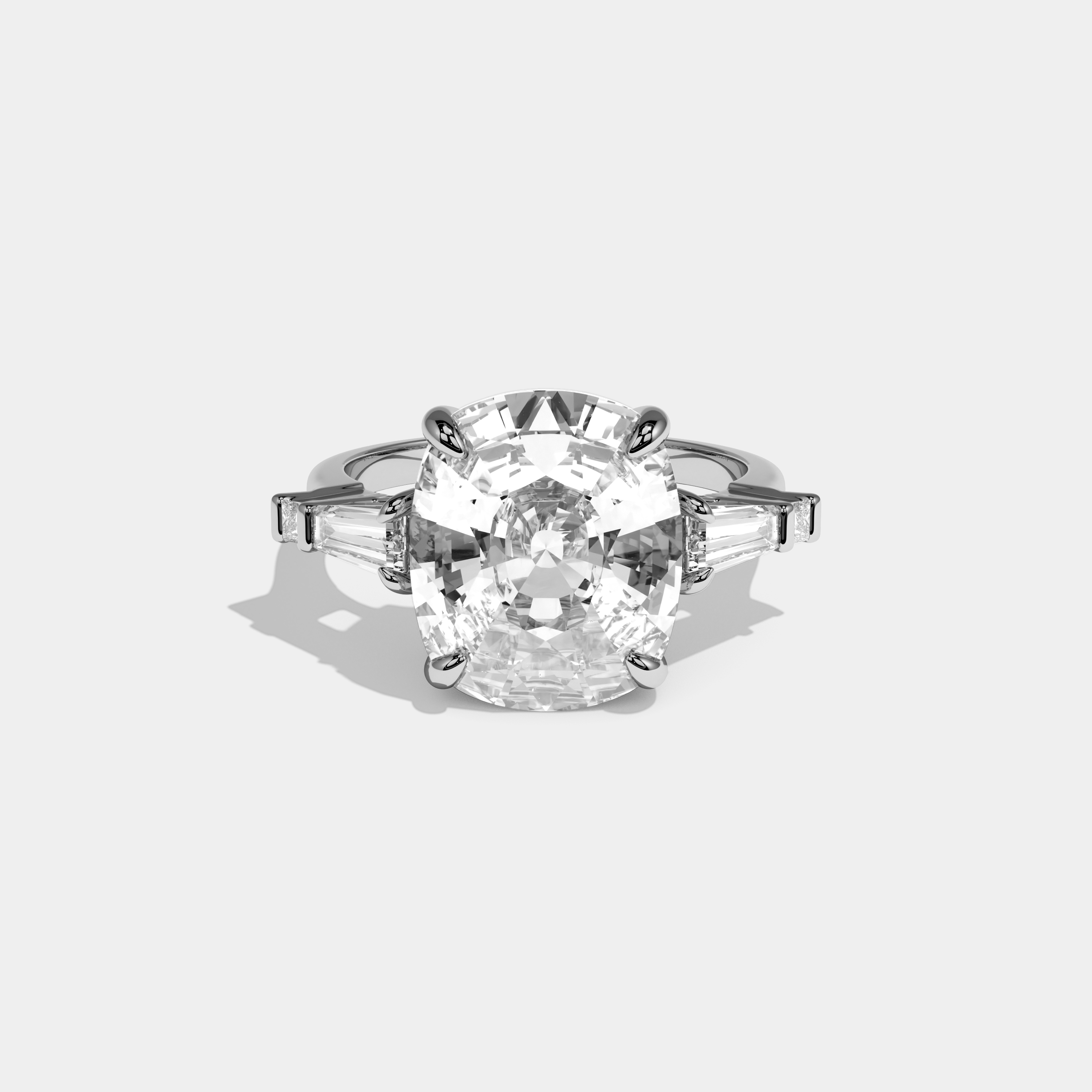Nova Cushion Brilliant Cut Diamond With Baguette Sides Plain Band Engagement Ring 10ct 18k White Gold